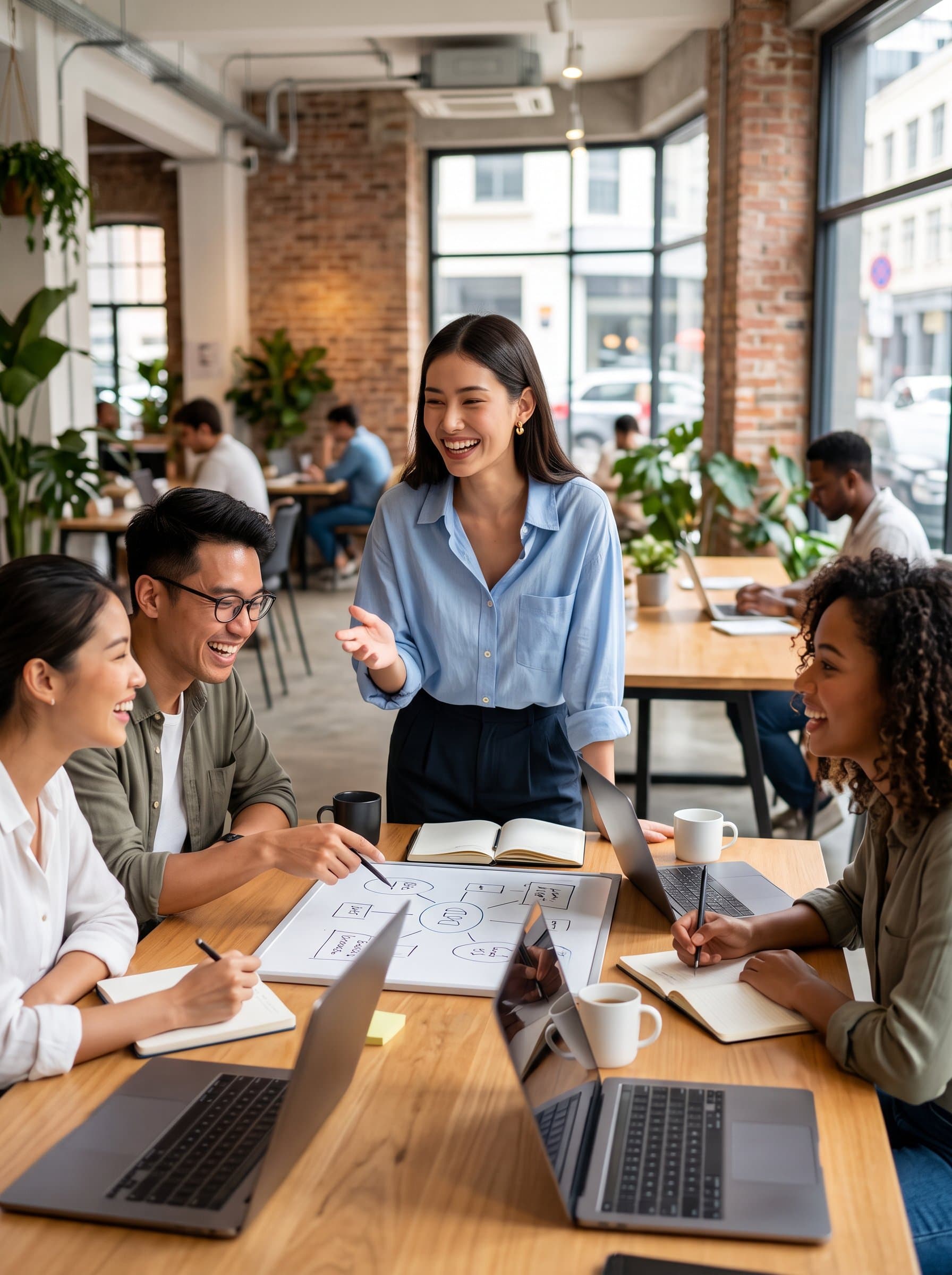 In a bustling co-working space, engaged in a lively discussion with peers, capturing a collaborative spirit, wearing smart-casual clothing, with a bright atmosphere reflecting creativity and teamwork.