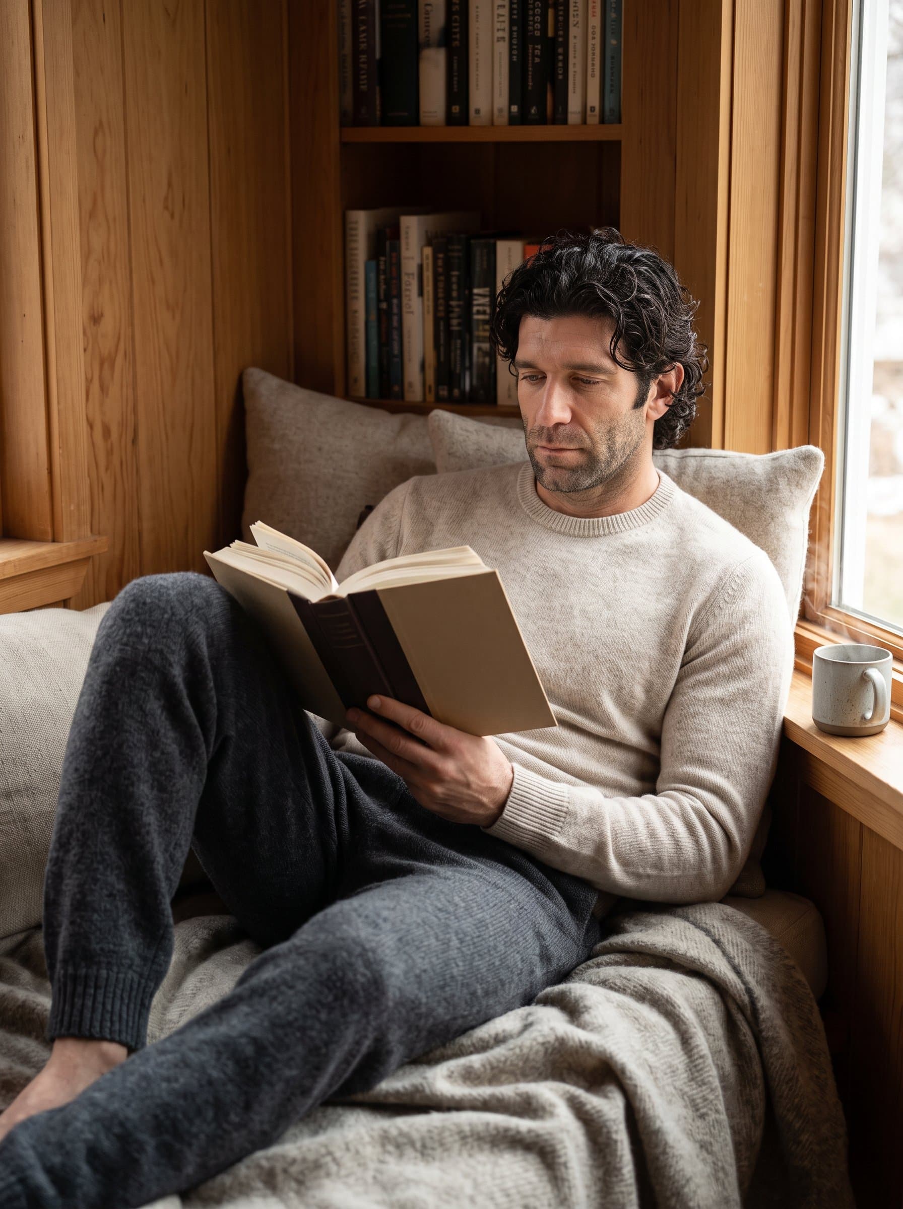 enjoying a book in a cozy reading nook, wearing comfortable loungewear, with a serene expression, embodying a passion for knowledge and a peaceful, introspective nature.