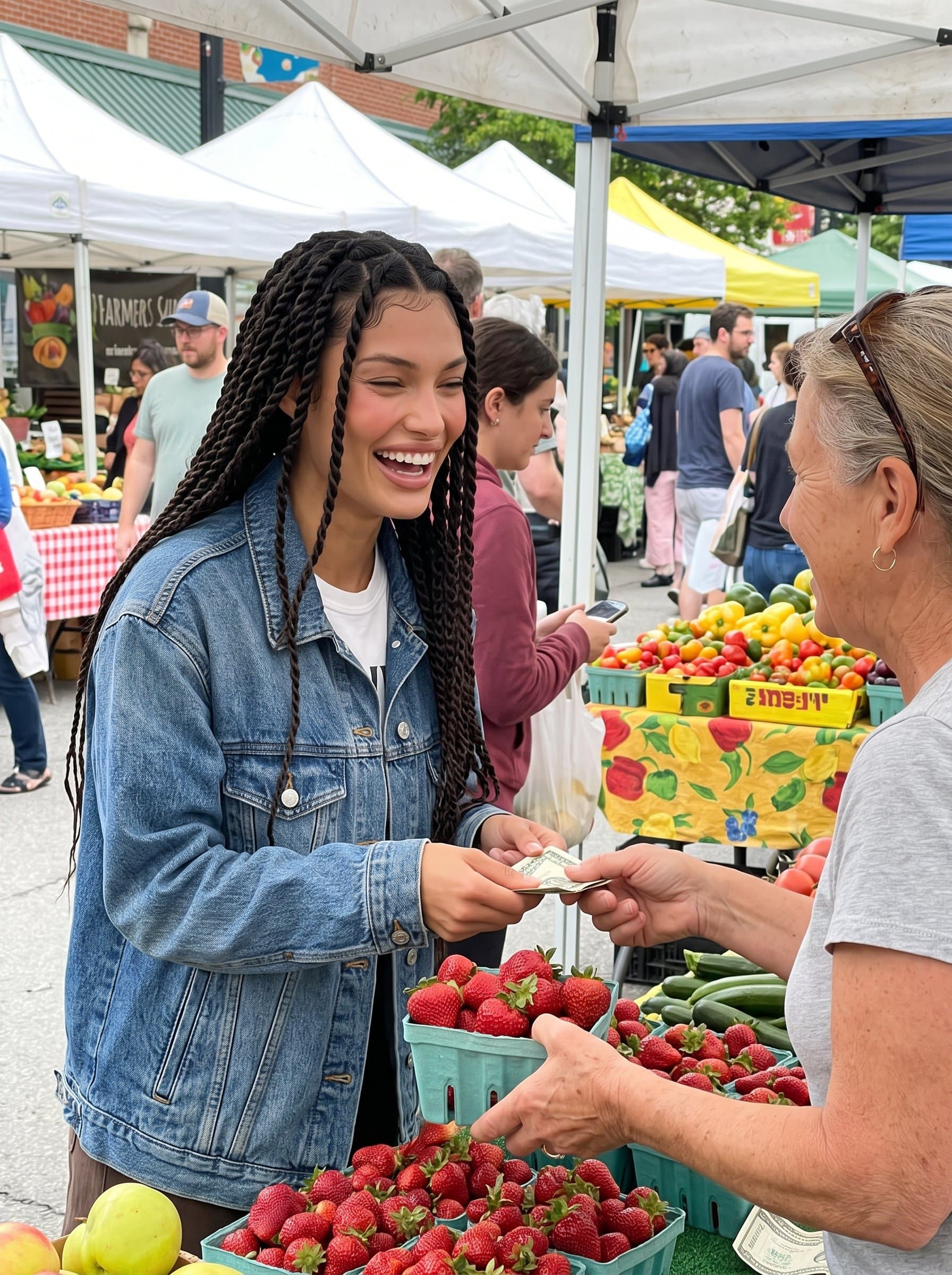 At a lively farmers' market, interacting with a vendor, wearing casual attire, exuding friendliness and a love for community, with colorful produce visible in the background.