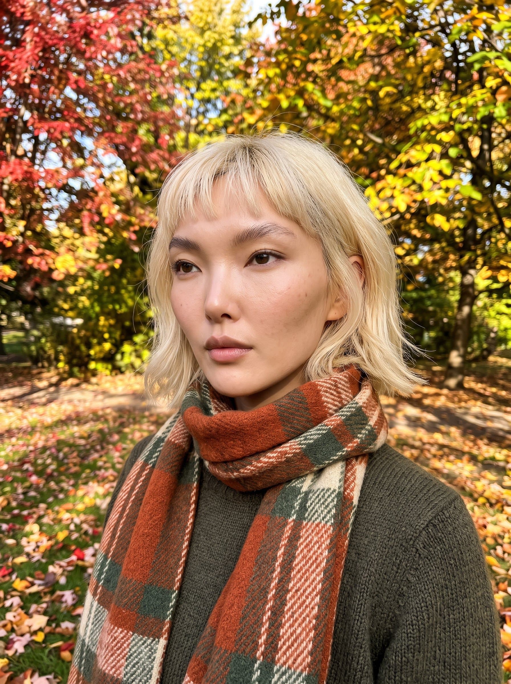 captured in a peaceful park during autumn, surrounded by colorful leaves with a thoughtful expression, wearing a stylish scarf, embodying a balance of introspection and openness.