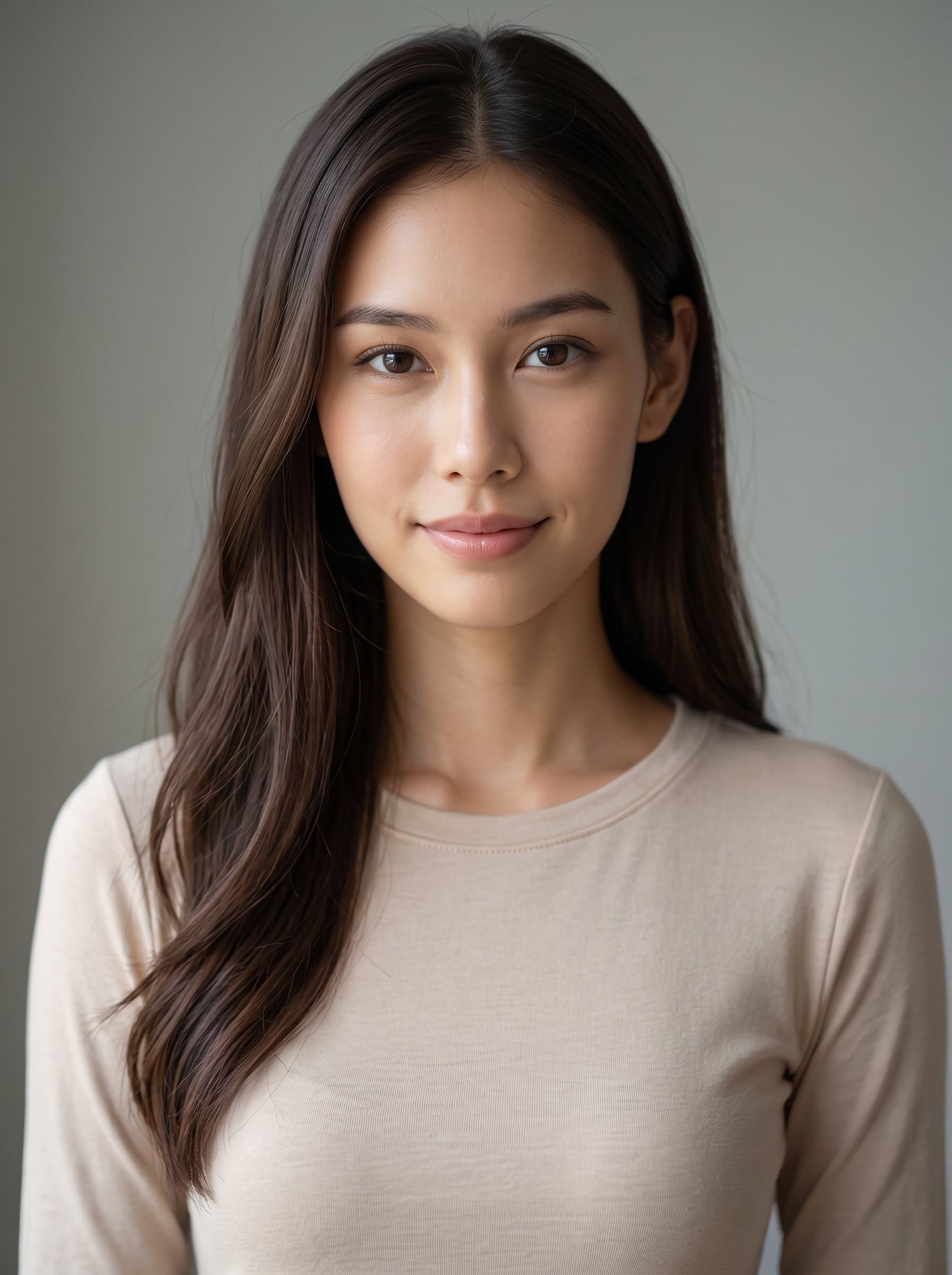 Compose a photograph where the woman is centered, displaying a calm demeanor. The background is a subdued light gray, highlighting their clear skin and kind eyes, ideal for digital profiles.