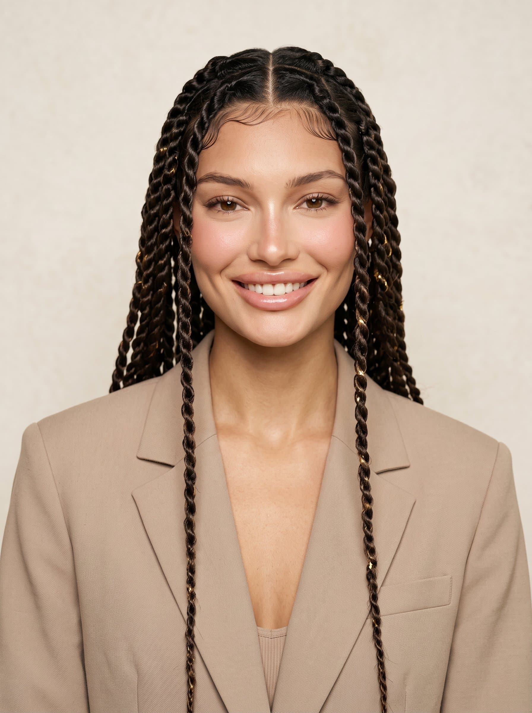 Capture a headshot where the woman is centered, wearing a neutral-toned jacket. The light cream background refines the image, ensuring the face projects confidence and approachability.