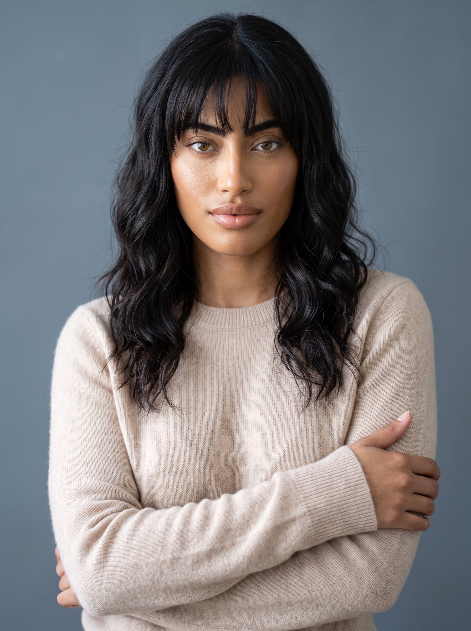Produce a photograph with a woman wearing a light sweater, arms crossed casually. The background is a neutral slate color, balancing the woman's poised expression with modernity.