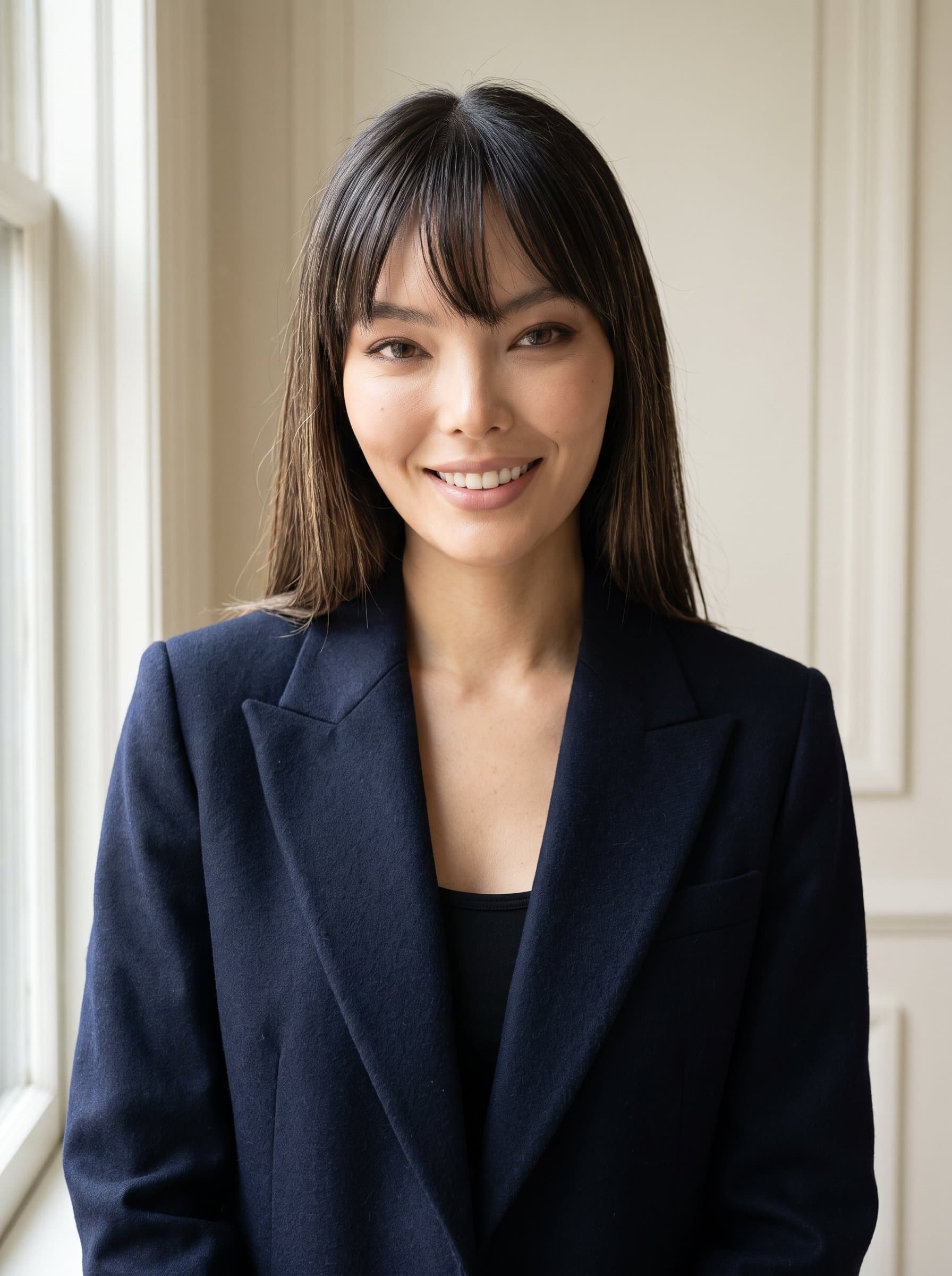 Produce a face in a dark blazer against an ivory background. The natural lighting enhances sharp features, while the woman's soft expression conveys a balanced mix of confidence and warmth.