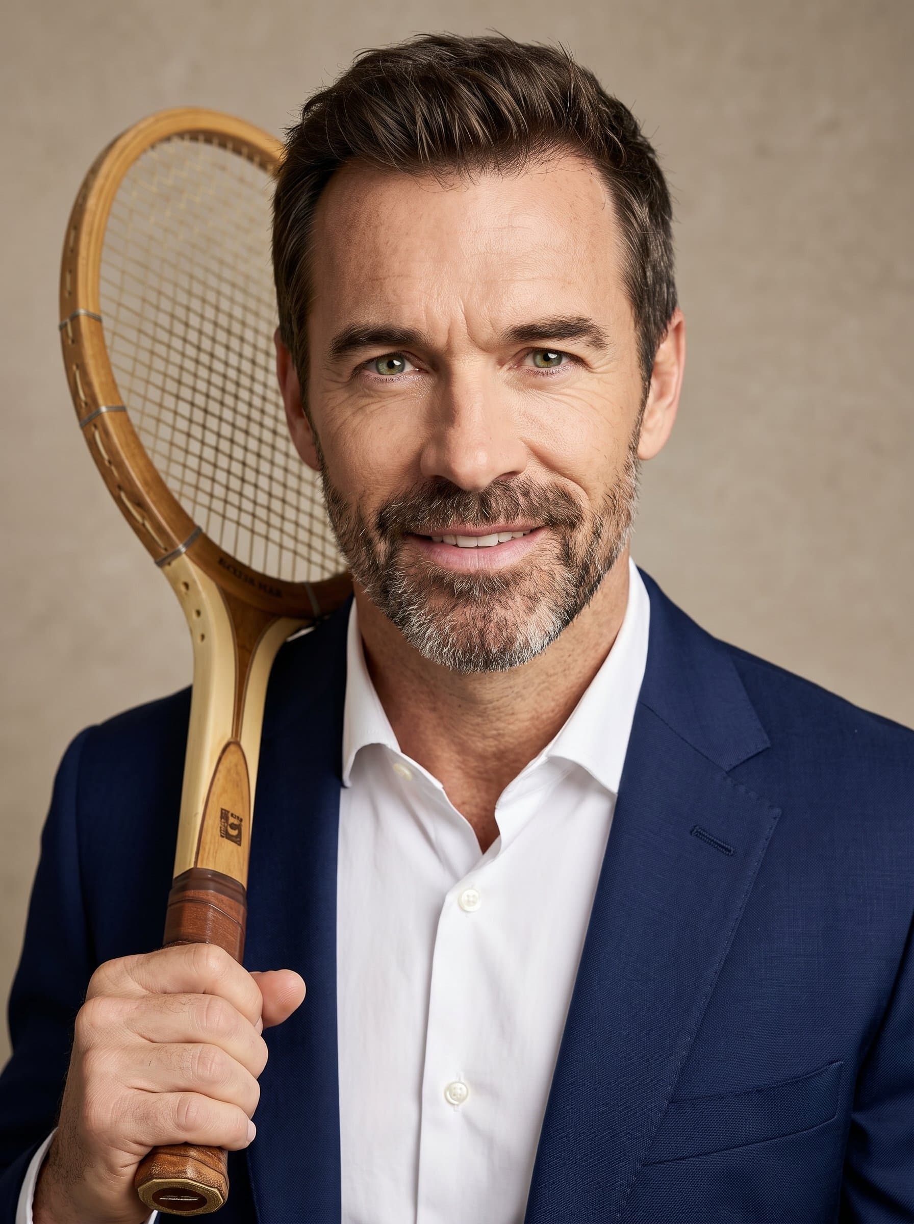 Create a portrait with vibrant eyes and a gentle expression. The muted beige background emphasizes the man's professional aura, making it apt for LinkedIn or professional networking.