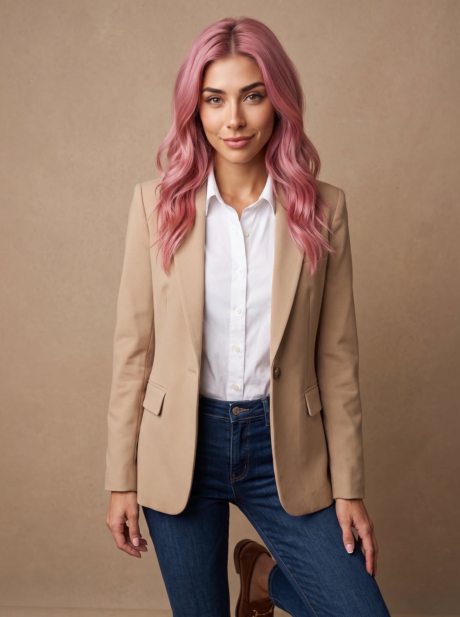 Generate a image featuring a woman with a slight smirk, dressed in a smart casual outfit. The unobtrusive light brown background adds depth, reinforcing the woman's friendly and confident image.