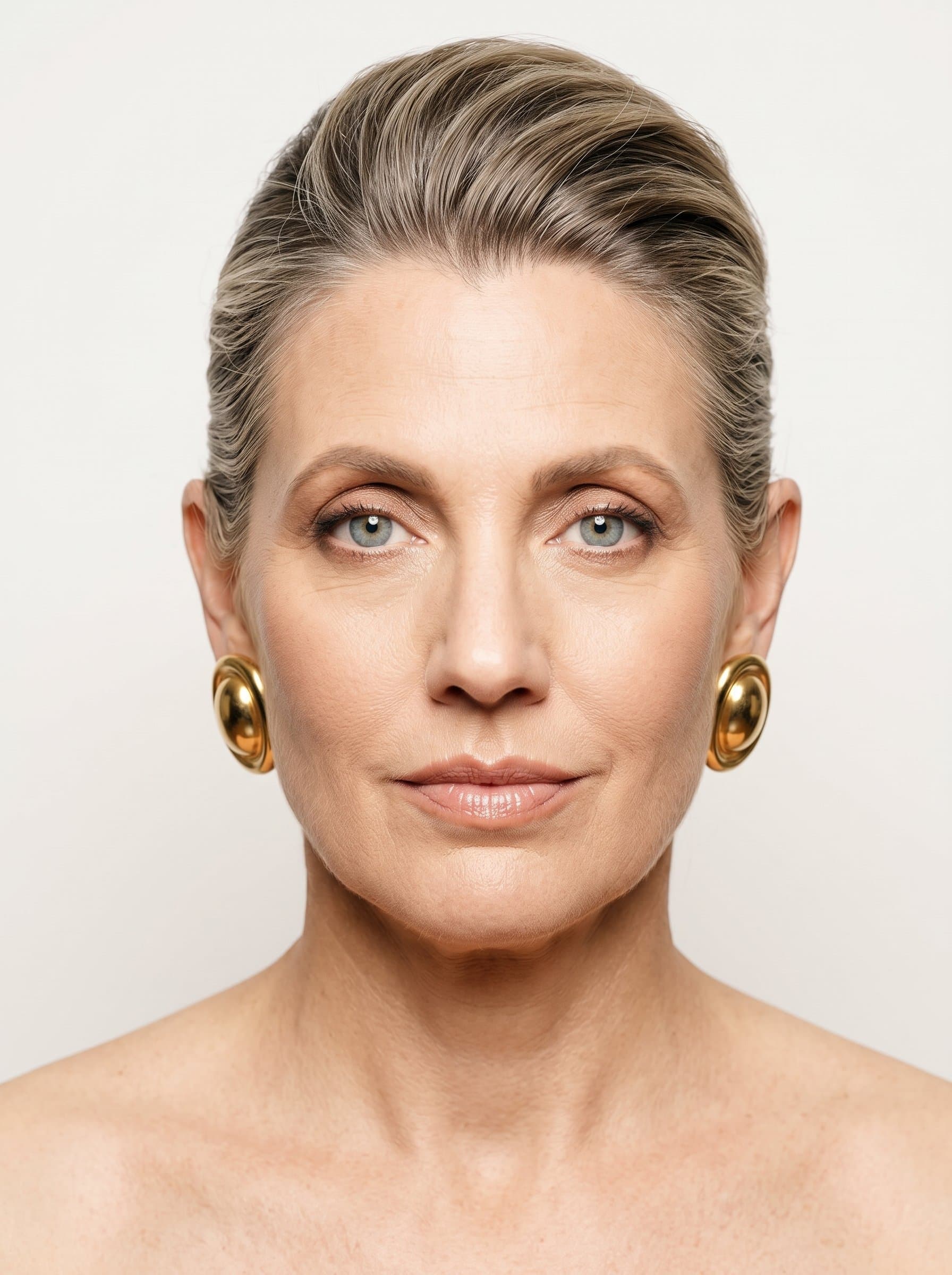 Capture a woman with a neat hairstyle and direct gaze. The subtle off-white background makes facial features pop, suggesting both professionalism and a welcoming character.