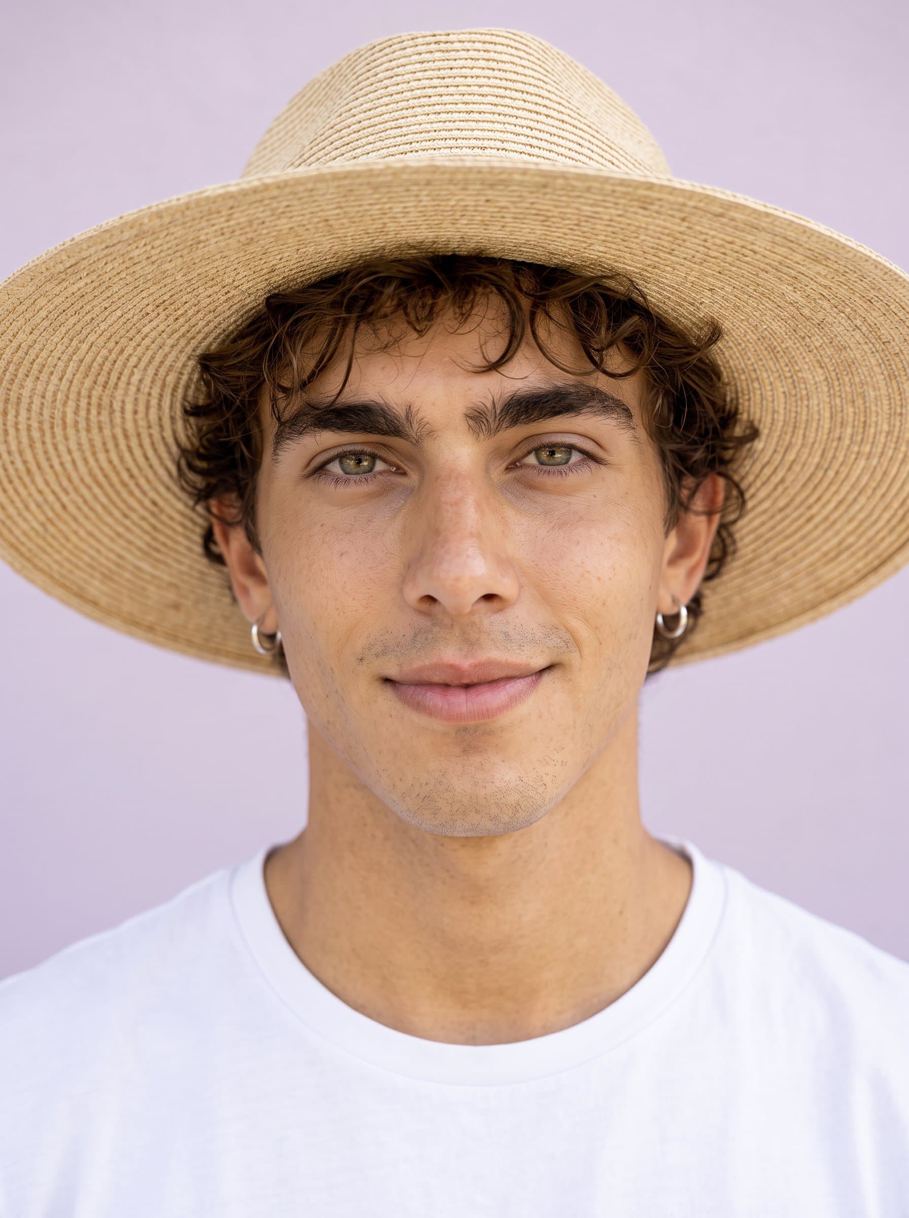 Illustrate a headshot where the focus is on a composed face with a gentle demeanor. The pale lilac background softens the image, harmonizing with the man's reassuring presence.