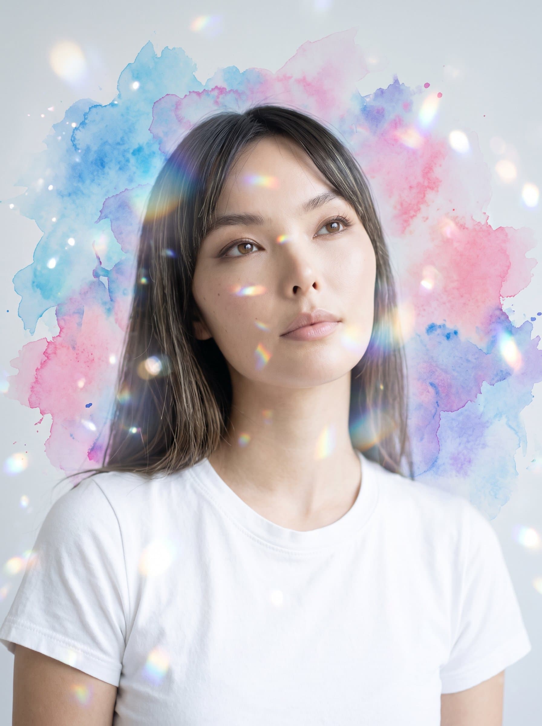 : Artistic headshot featuring a thoughtful gaze. Background: abstract watercolor splashes. Attire: plain white t-shirt. Incorporate gentle light reflections for an ethereal vibe.