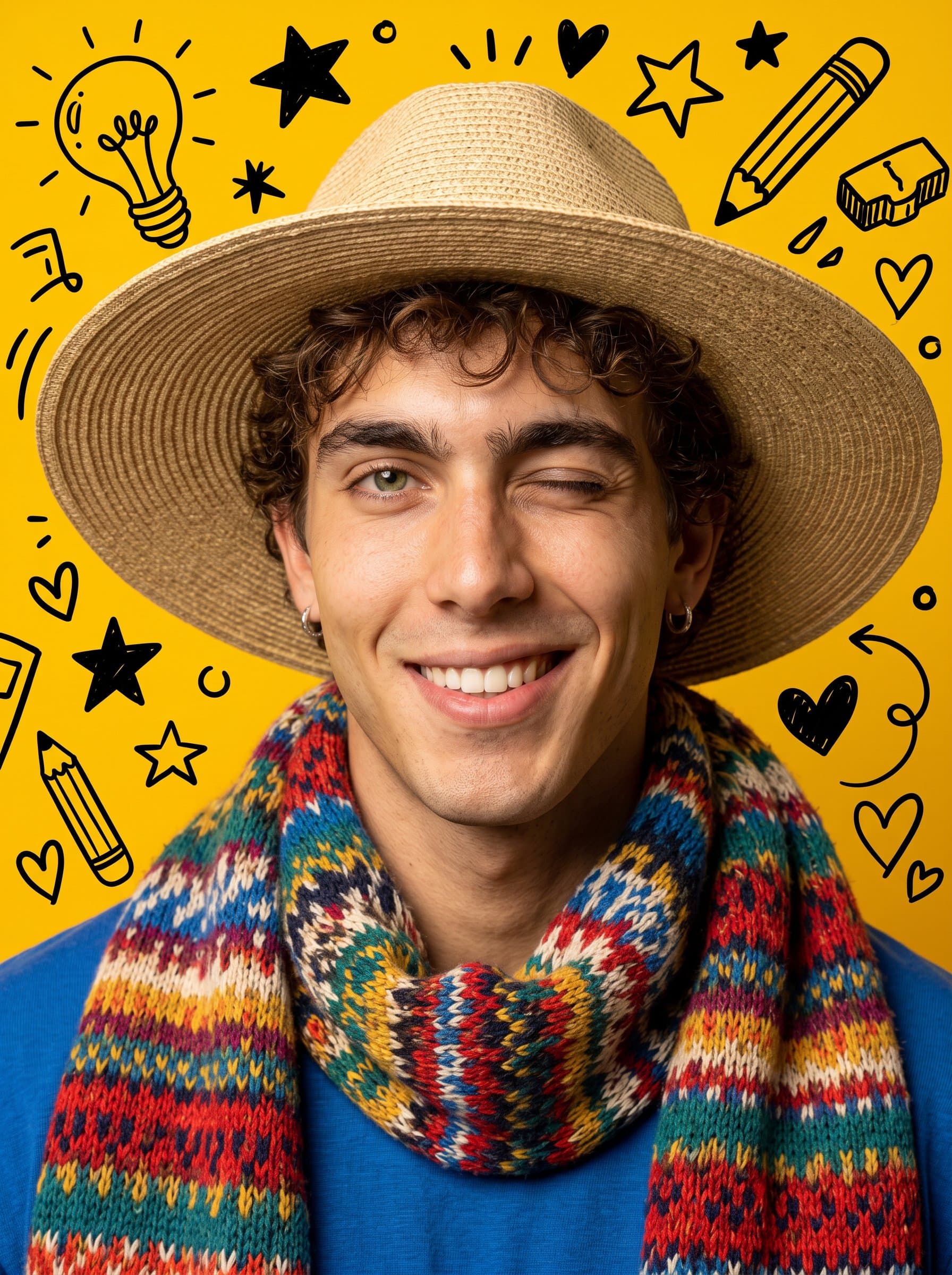 : Fun and quirky headshot. Background: bright yellow with doodle accents. Attire: colorful, funky scarf. Expression: playful wink, symbolizing creativity and approachability.
