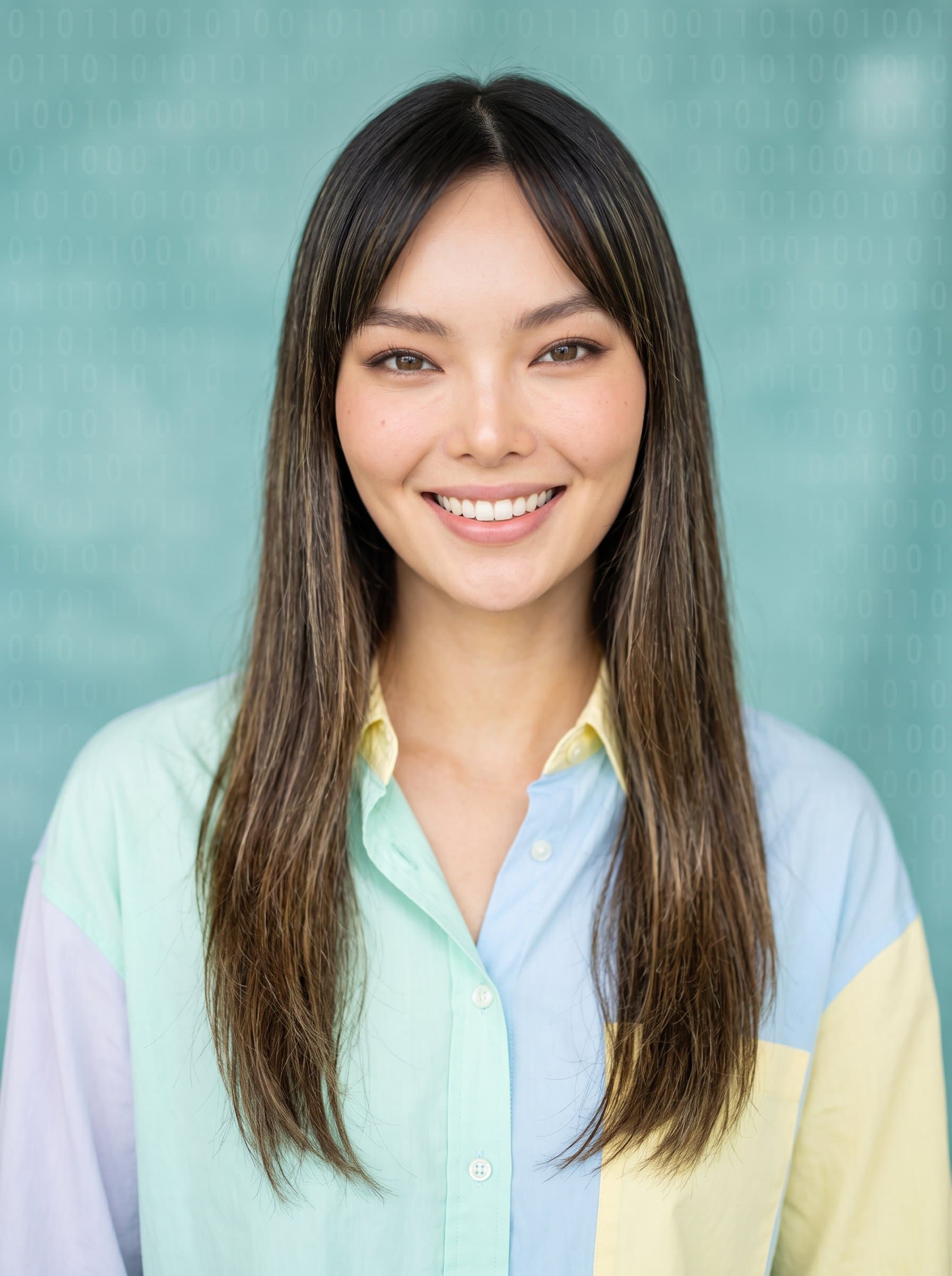 : A vibrant headshot with a warm smile. Background: soft teal. Attire: casual, pastel-colored shirt. Include subtle digital elements, like binary code overlay, to reflect creativity.