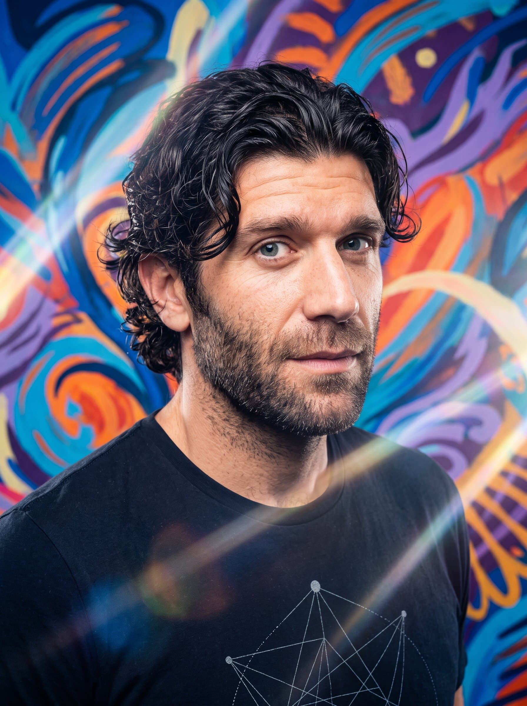 : Dynamic headshot with an intrigued look. Background: abstract, colorful swirls. Attire: simple tee with graphic design. Incorporate light beams for an artistic flair.