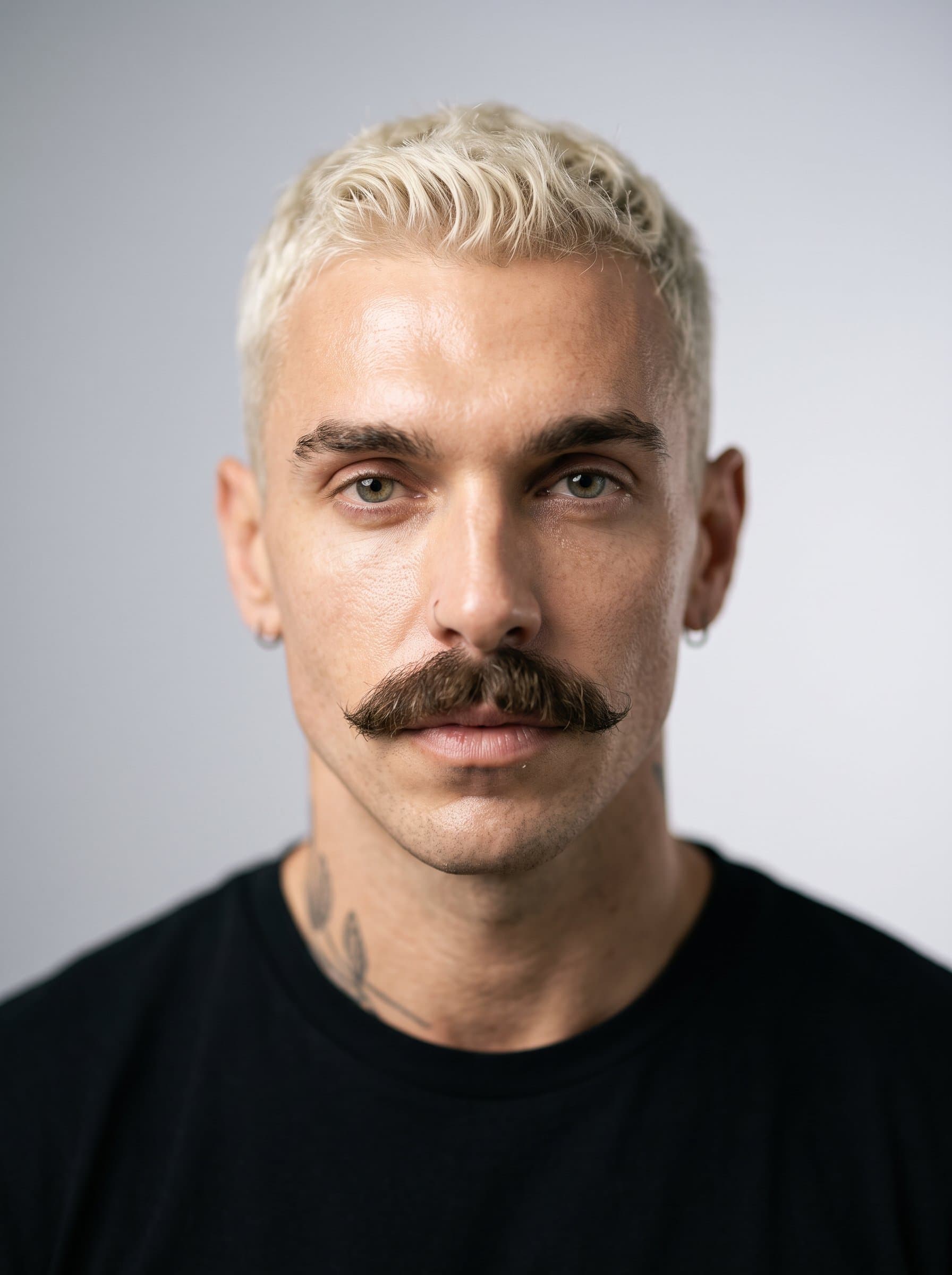 : Minimalist headshot with a serene expression. Background: soft gray. Attire: simple black shirt. Use soft focus for a calming, introspective feel.