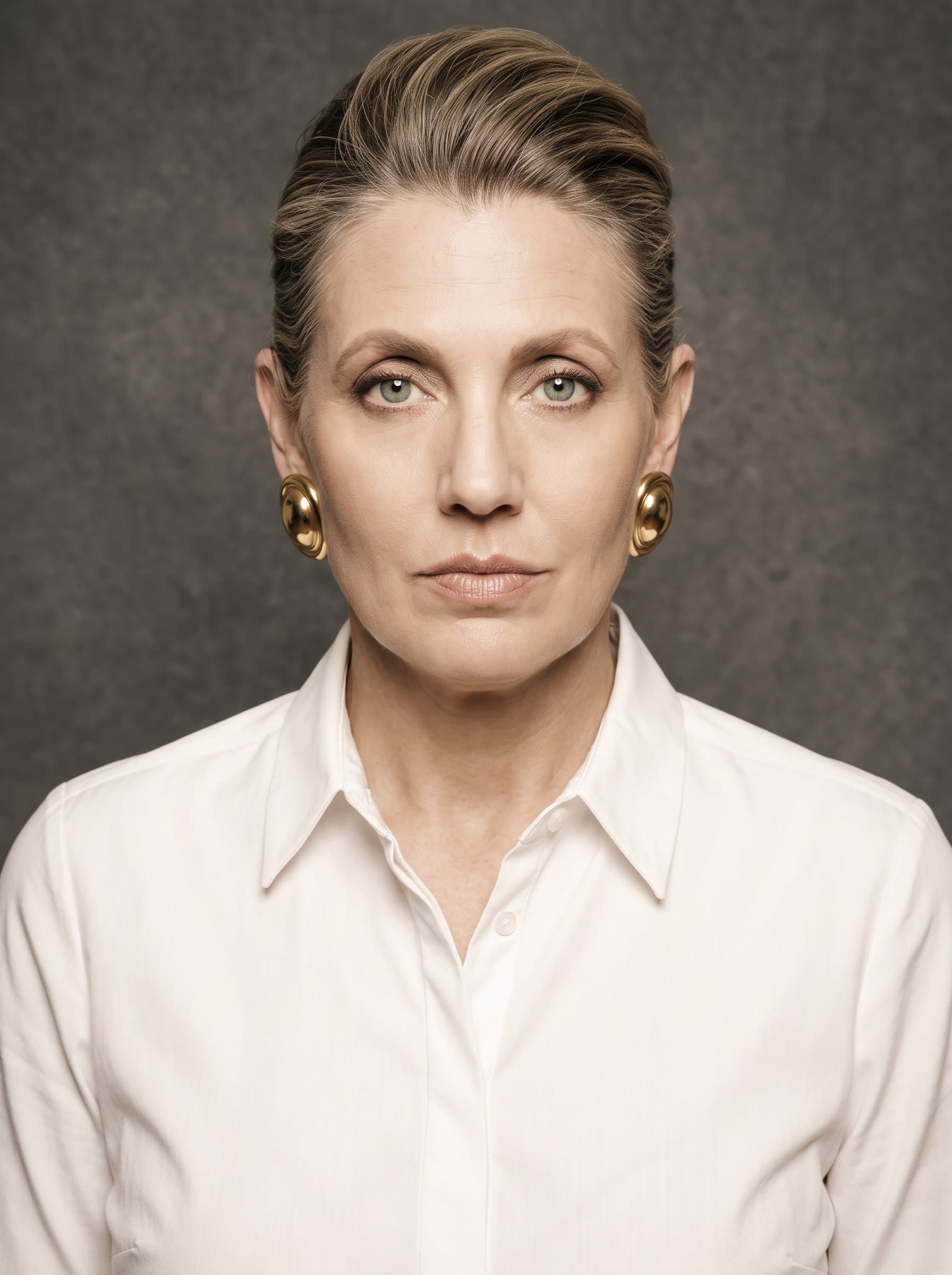 : Classic headshot with a neutral expression. Background: textured charcoal. Attire: crisp, white shirt. Include faint sepia tones for a timeless aesthetic.