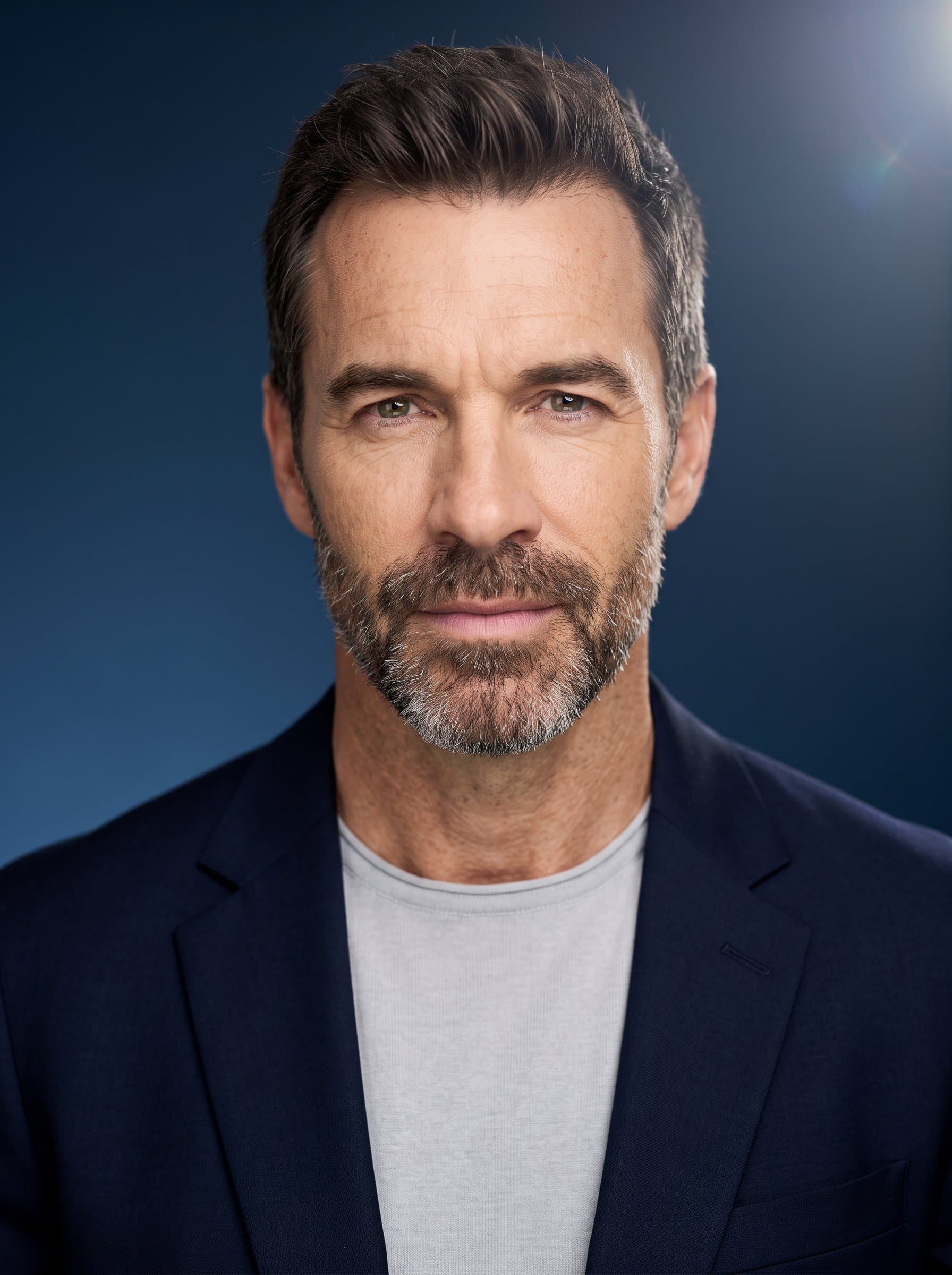 : Professional headshot with a neutral expression. Background: deep blue gradient. Attire: sharp, dark blazer. Add a subtle lens flare effect for a modern touch.