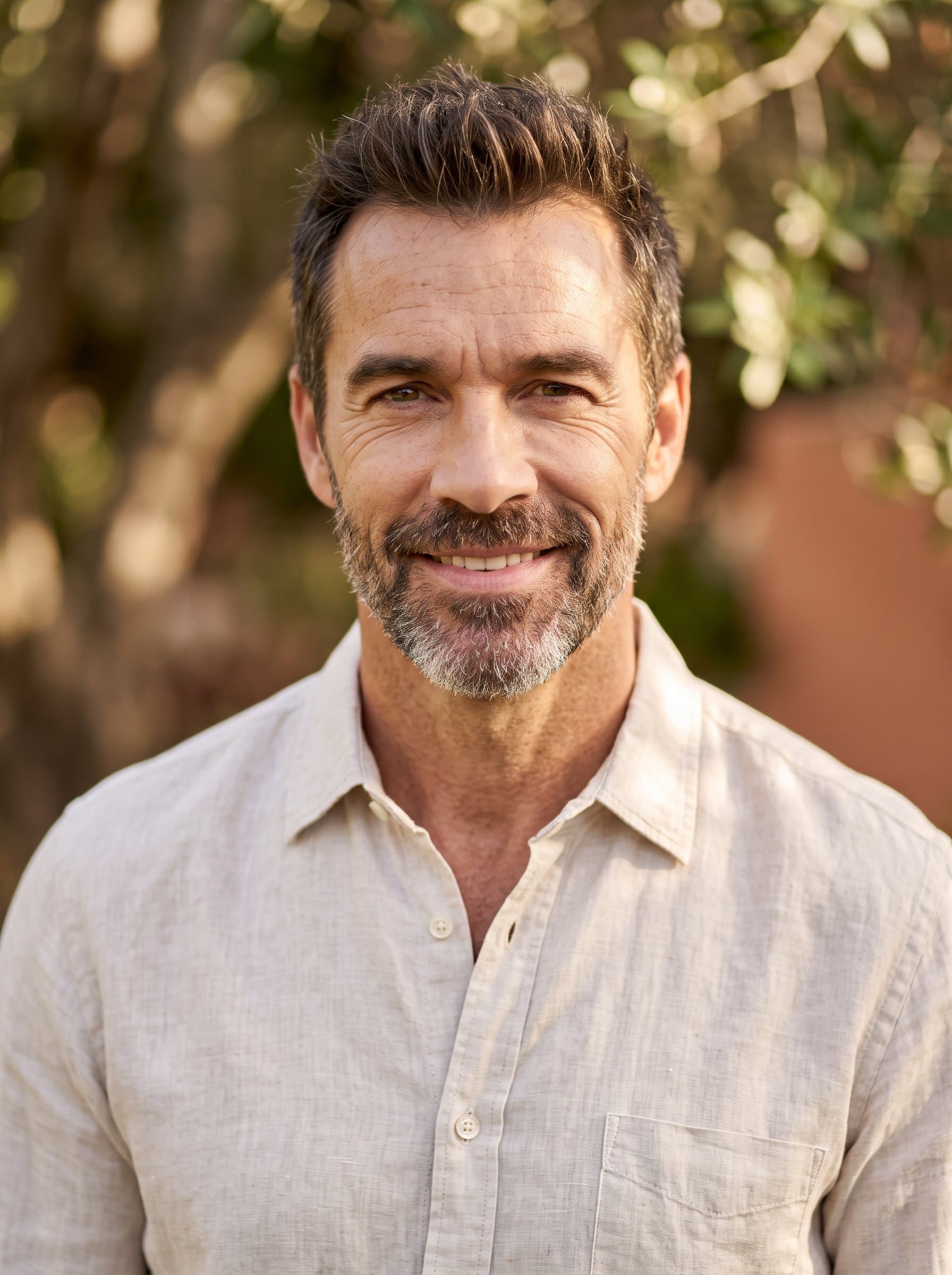 : Natural headshot with a peaceful smile. Background: soft, earthy tones. Attire: linen shirt. Include gentle sunlight filtering through, representing warmth and tranquility.