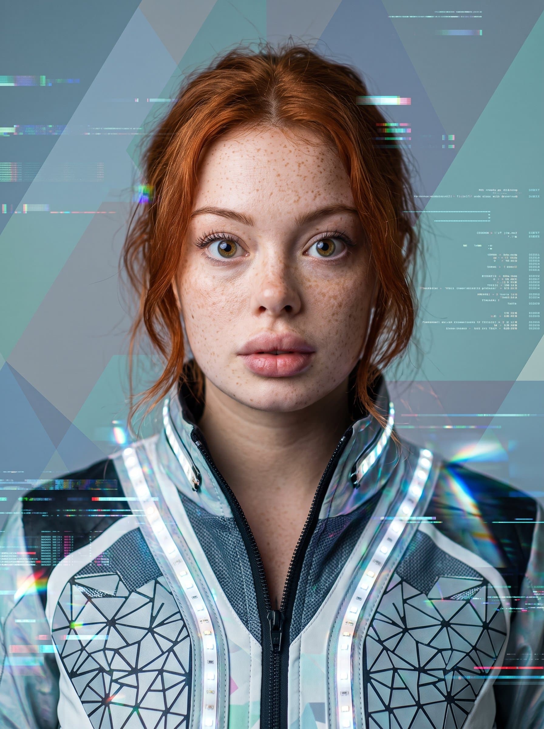 : Innovative headshot with a curious look. Background: geometric patterns in subtle hues. Attire: tech-inspired, modern jacket. Include digital glitch effects for a futuristic appeal.