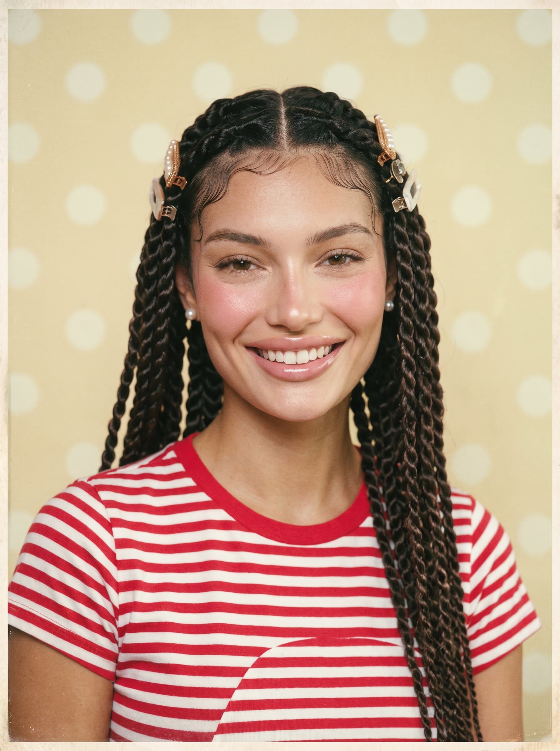 : Retro-inspired headshot with a joyful expression. Background: faded polka dots. Attire: vintage, striped shirt. Use soft lighting for a nostalgic feel.