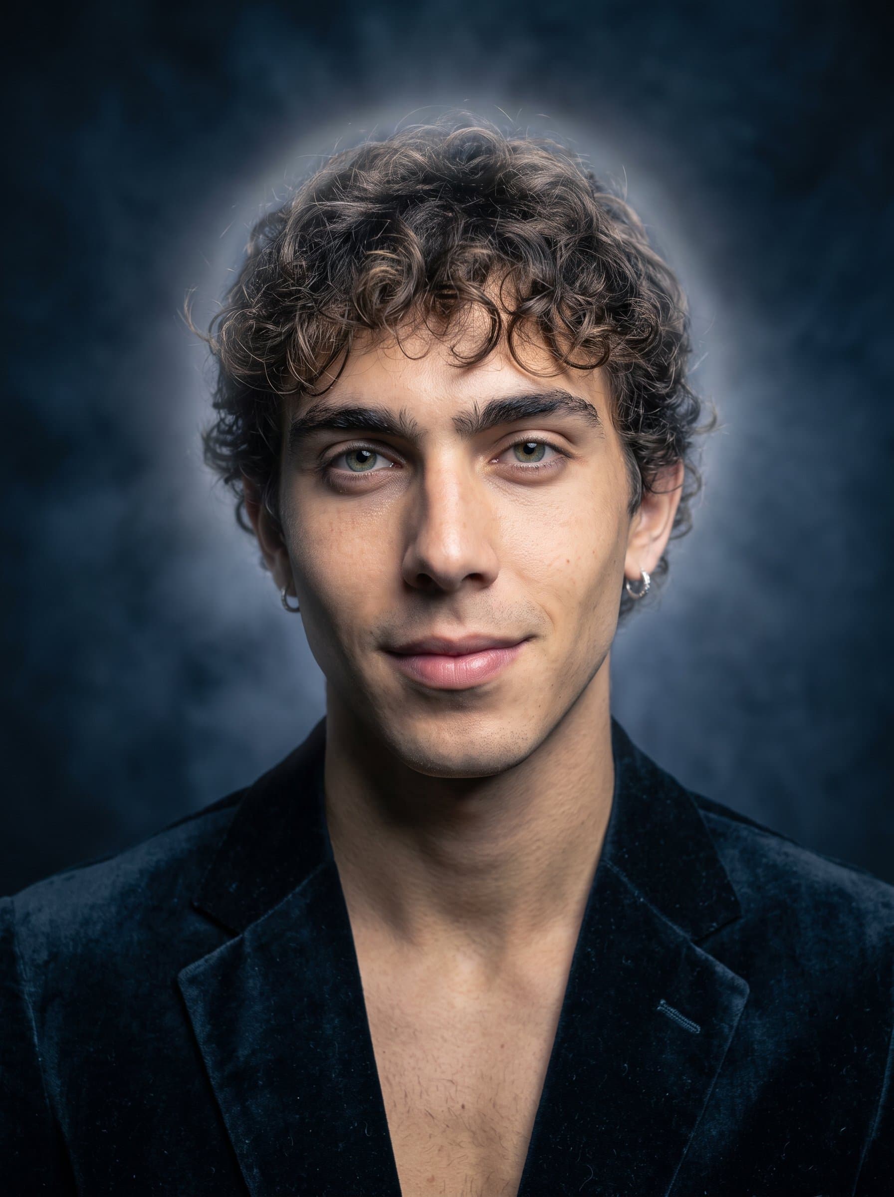 : Mysterious headshot with a slight smile. Background: smoky, dark gradient. Attire: velvet blazer. Add a soft halo effect for an enigmatic impression.