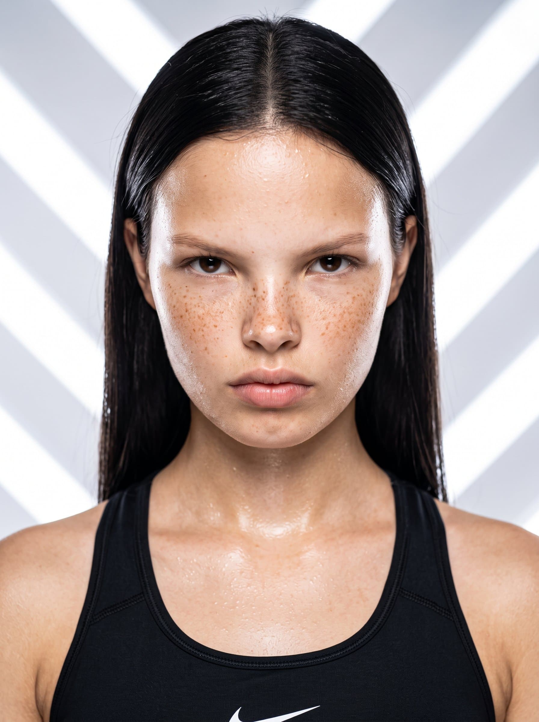 : Sporty headshot with a focused look. Background: dynamic, diagonal stripes. Attire: athletic, moisture-wicking top. Use high-key lighting to enhance the energetic vibe.
