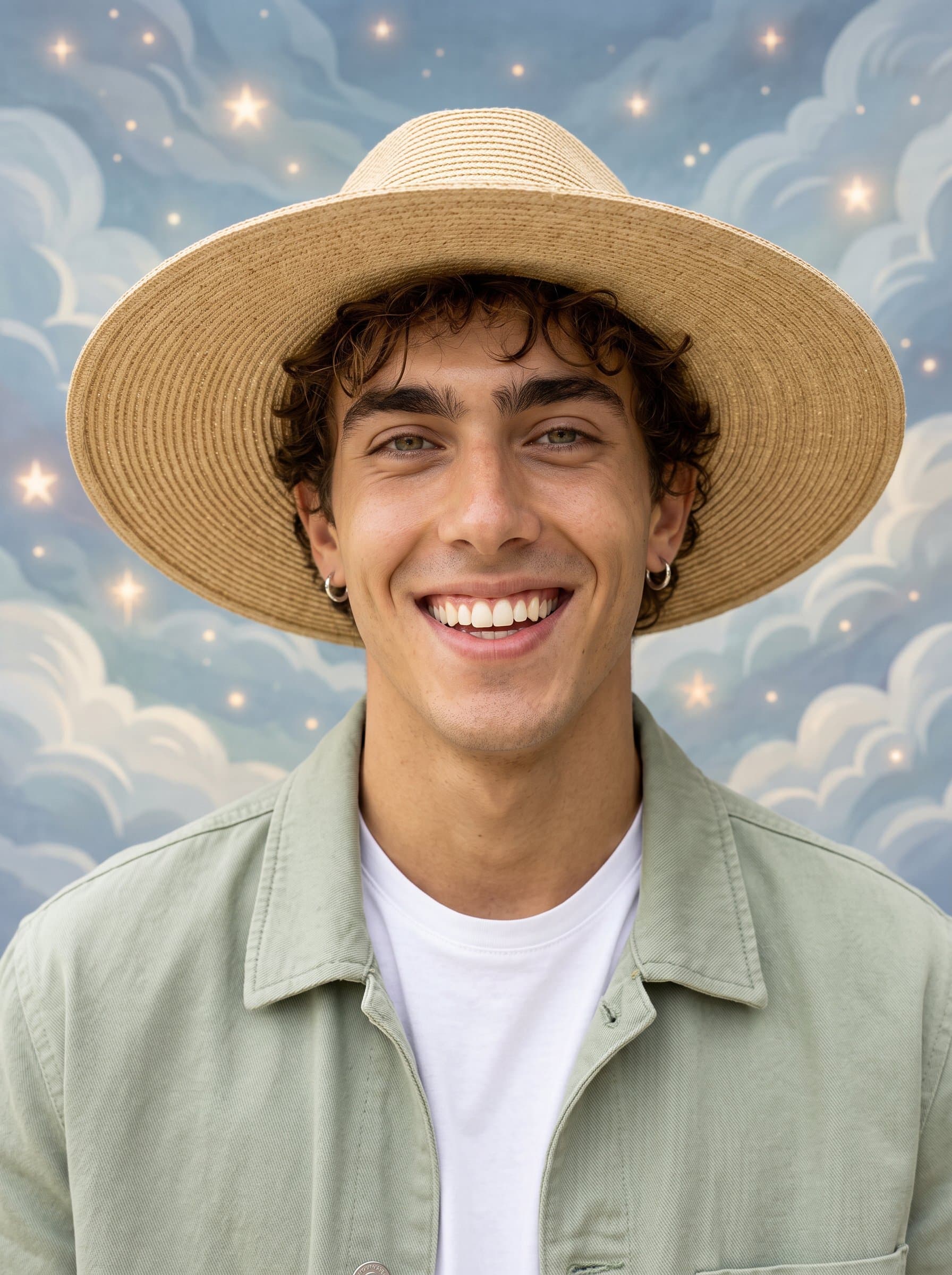 : Whimsical headshot with a cheerful grin. Background: whimsical cloud patterns. Attire: casual, light jacket. Add subtle twinkling stars to create a dreamy atmosphere.