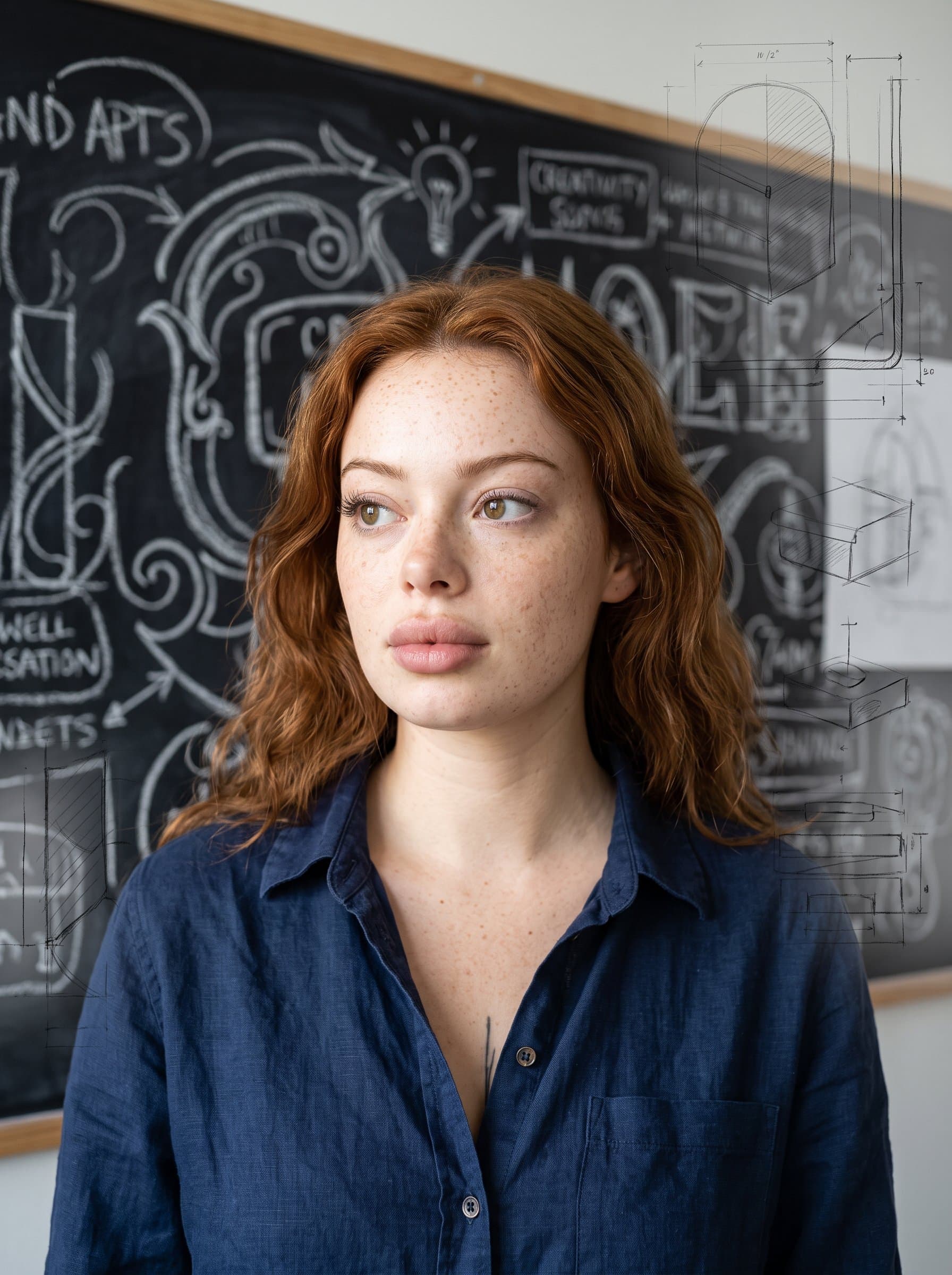 : Creative headshot with a thoughtful gaze. Background: blackboard with chalk art. Attire: casual, open-collared shirt. Layer faint sketches to emphasize the artistic background.