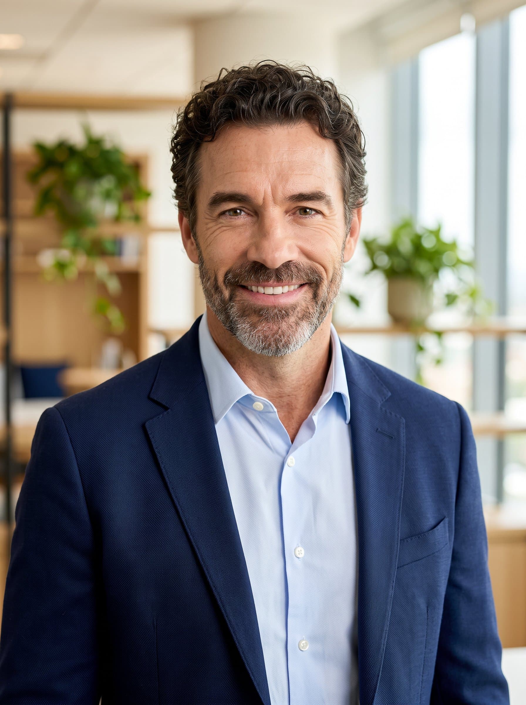 Create a headshot in a well-lit office setting. The man wears a navy blazer and has curly hair. Include subtle greenery in the blurred background to convey a fresh and dynamic work environment.