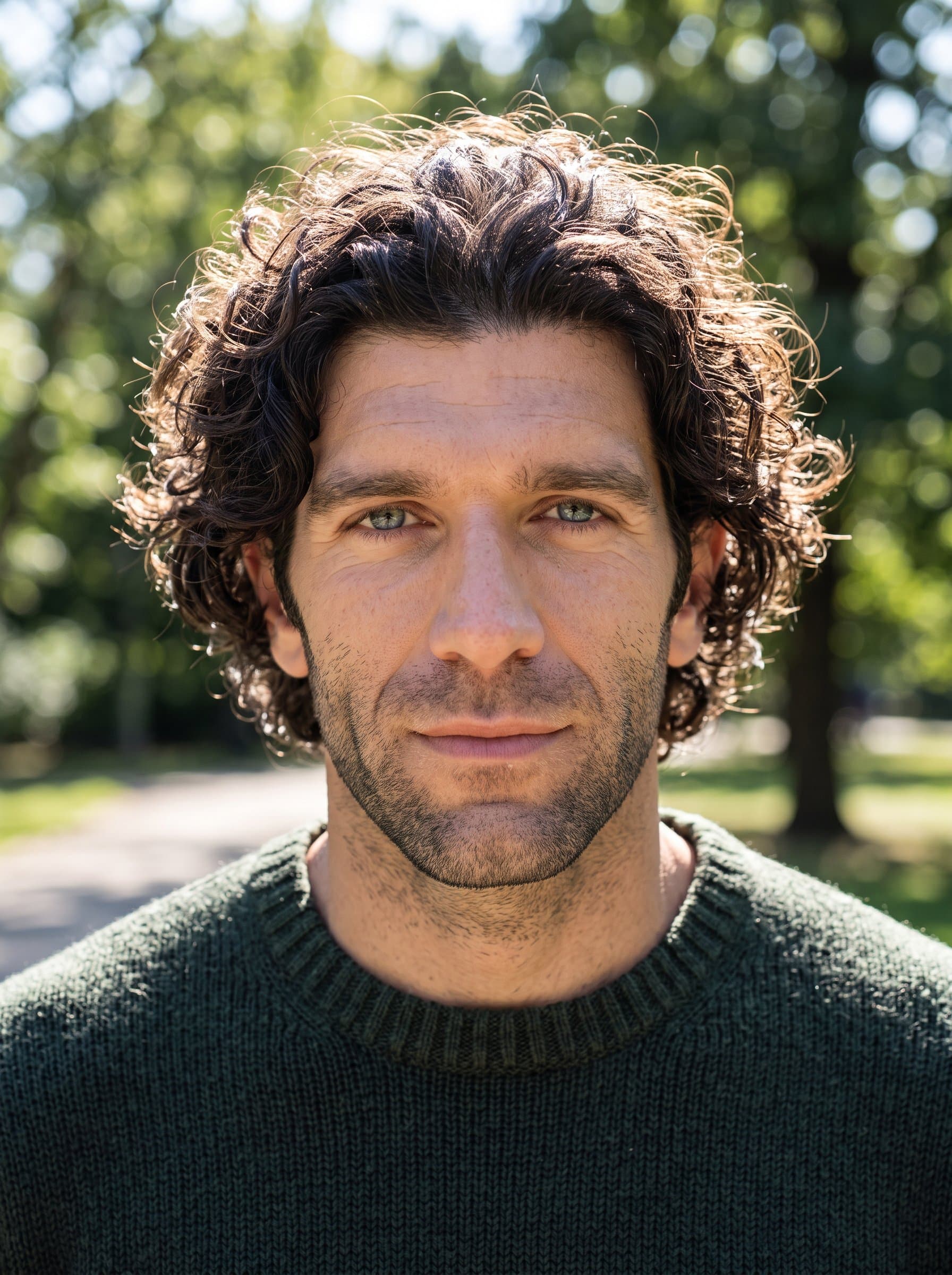 Produce a headshot featuring an man with a voluminous hairstyle. They wear a dark green sweater. The backdrop is a sunlit park, blurred to maintain focus on the confident expression.
