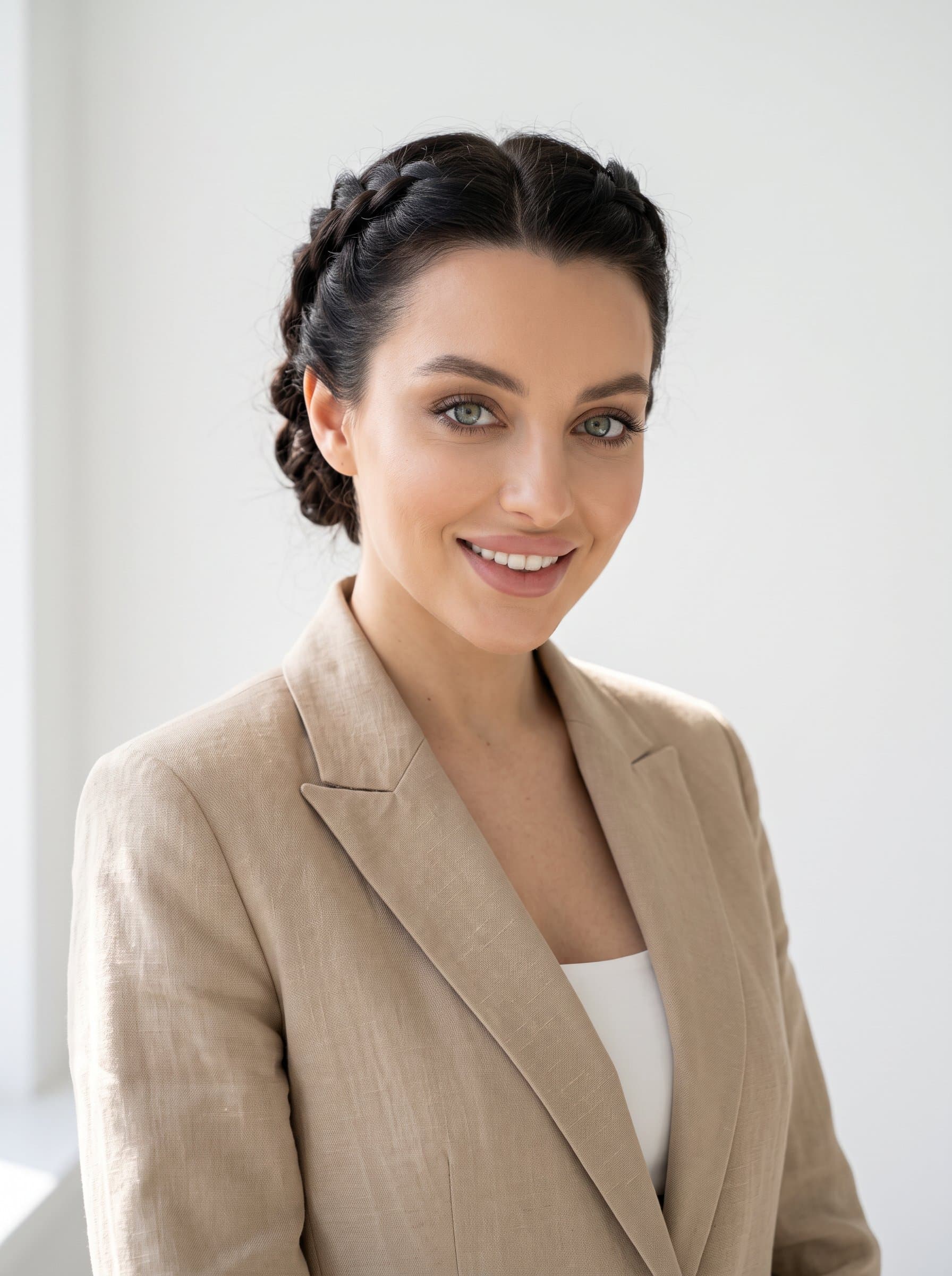 Generate a headshot showing a woman with braided hair, dressed in a tailored beige suit. Set against a simple white background, natural lighting creates gentle shadows for added depth and dimension.