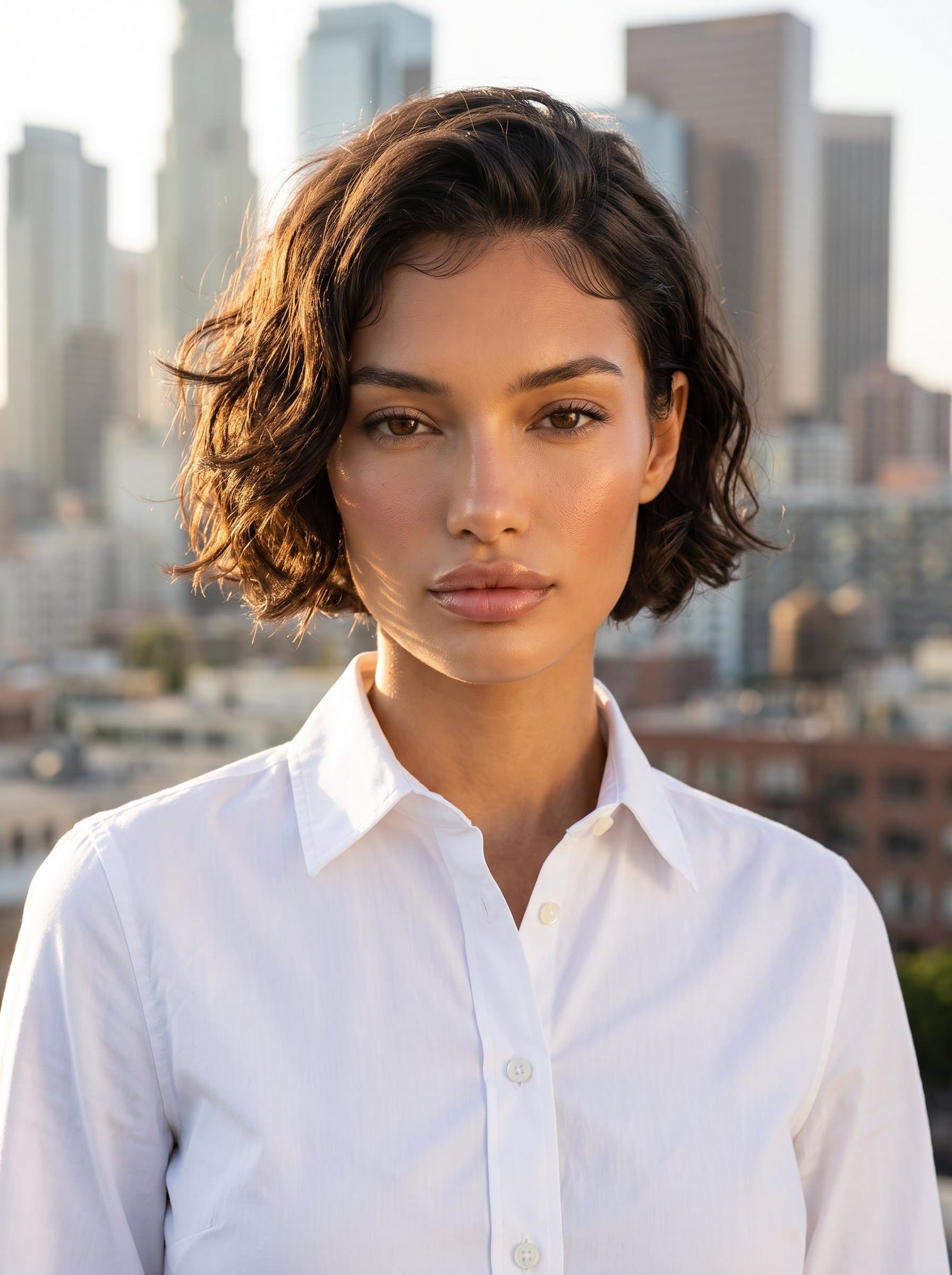 Capture a headshot of an woman with short hair, wearing a crisp white shirt. The background should be an out-of-focus urban skyline, ensuring a sense of professionalism. Natural sunlight enhances facial features.