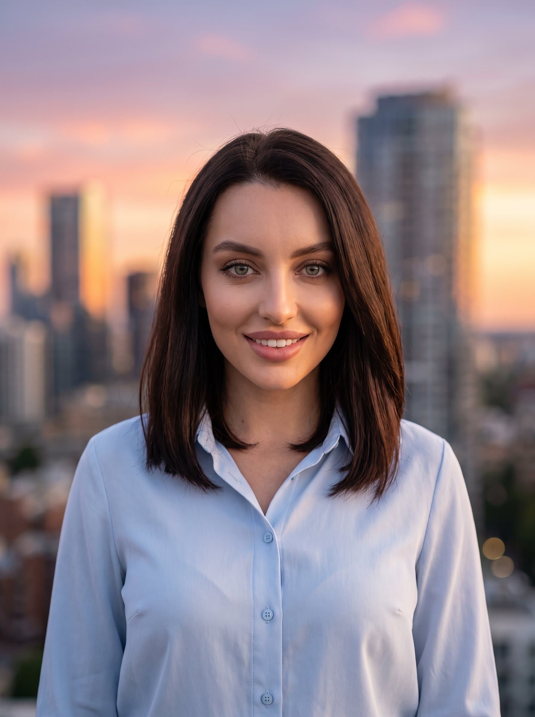 Compose a headshot where the woman has shoulder-length hair and is dressed in a pastel blue shirt. Use a soft-focus skyline at sunset as the background for a modern professional look.