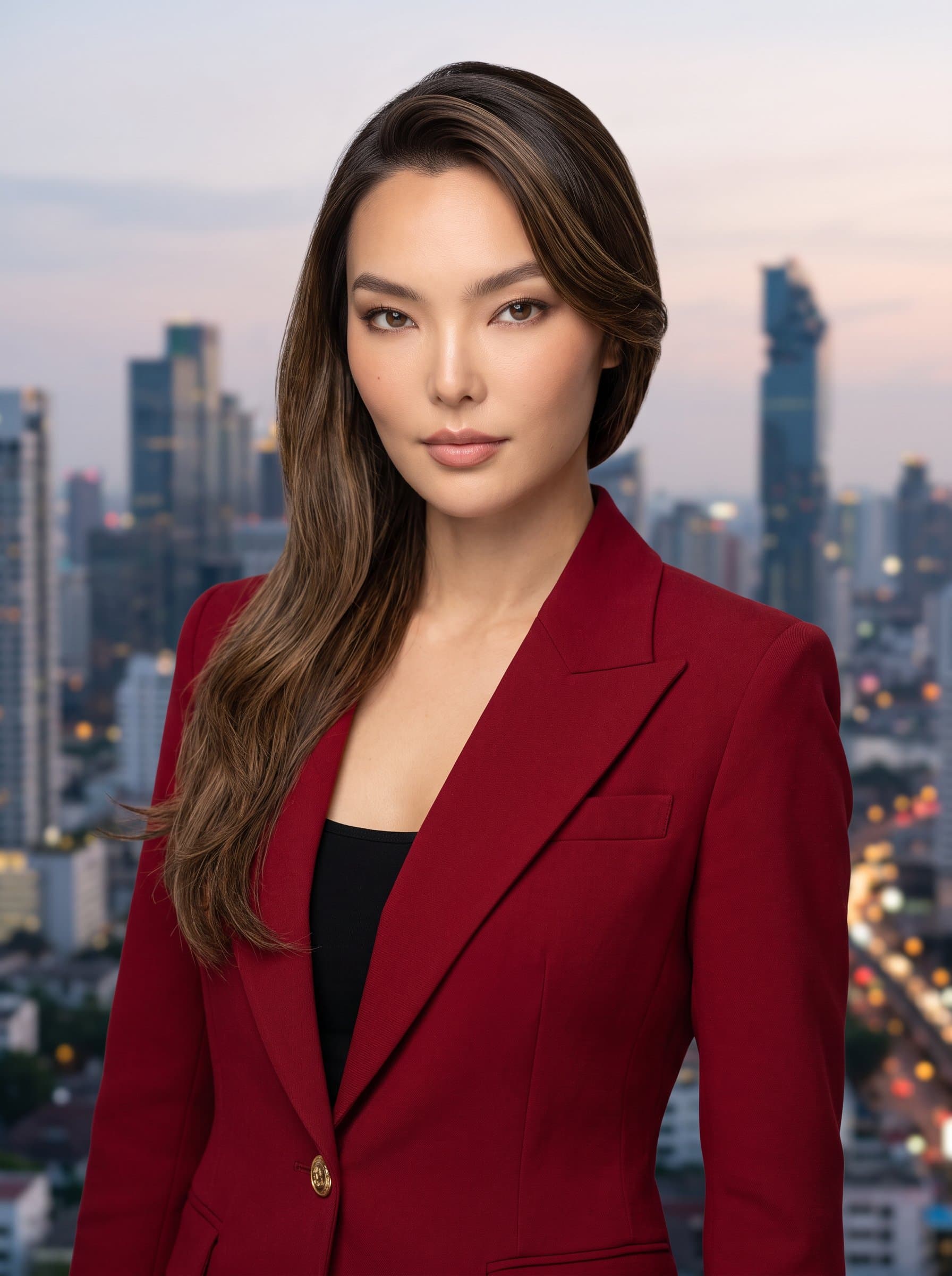 Create a headshot featuring an woman with side-swept hair in a deep red blazer. A panoramic cityscape in the blurred background adds a touch of cosmopolitan flair, enhancing their confident demeanor.