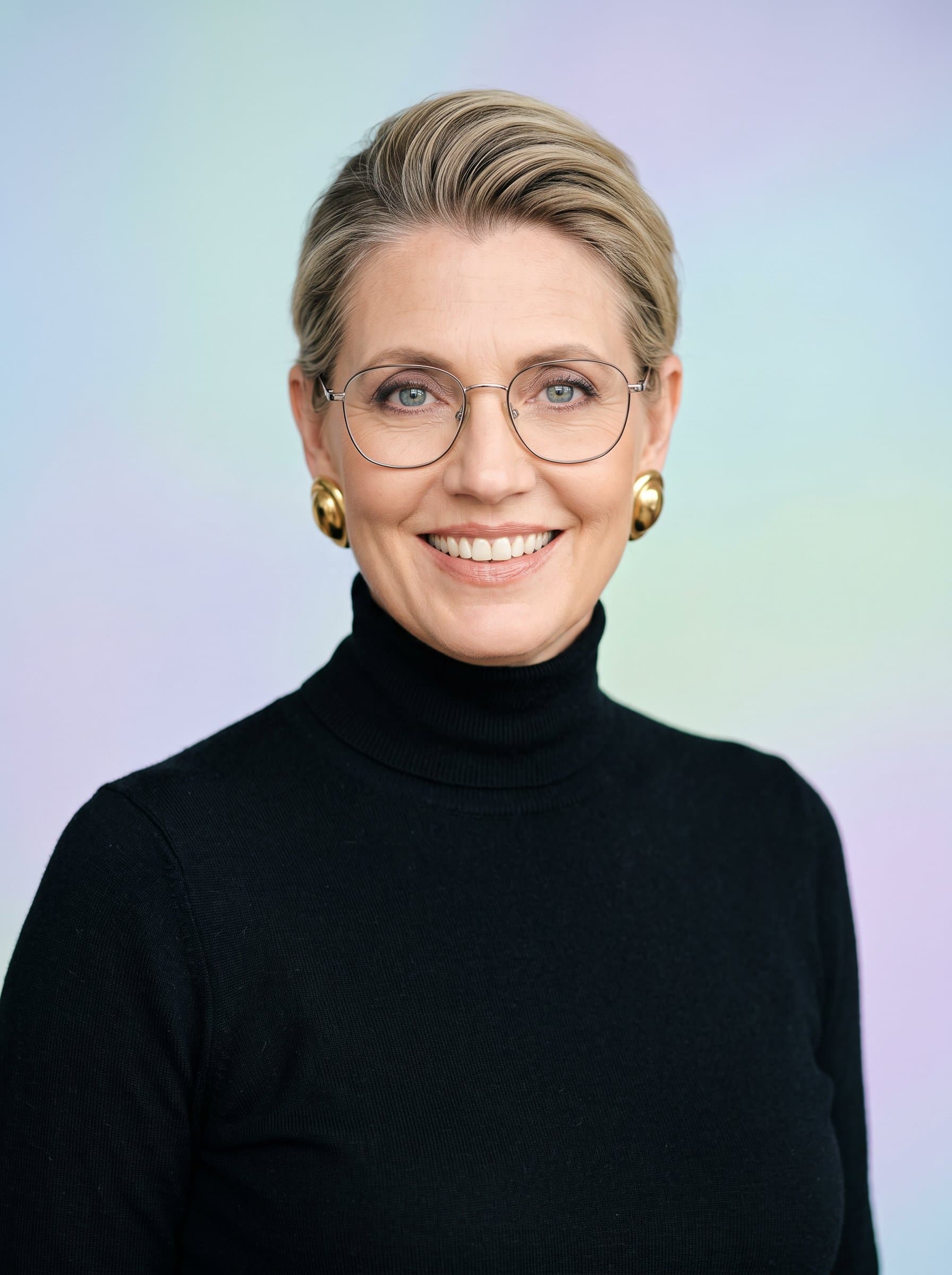 Design a headshot with a woman wearing glasses and a black turtleneck. The background is a soft, blurred gradient of pastel colors, creating a calm and professional appearance. Expression is warm and welcoming.