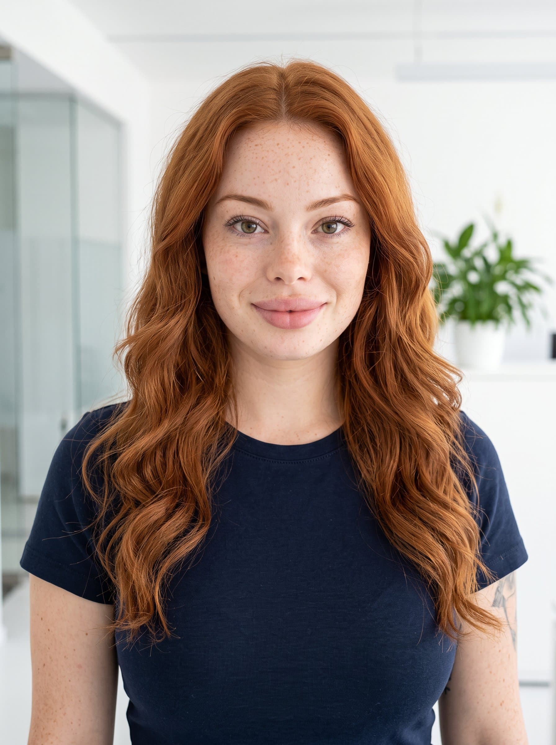 Capture a headshot of an woman wearing a navy T-shirt. Their hair is styled in loose waves, and the minimalistic white office background conveys focus and clarity in a professional setting.