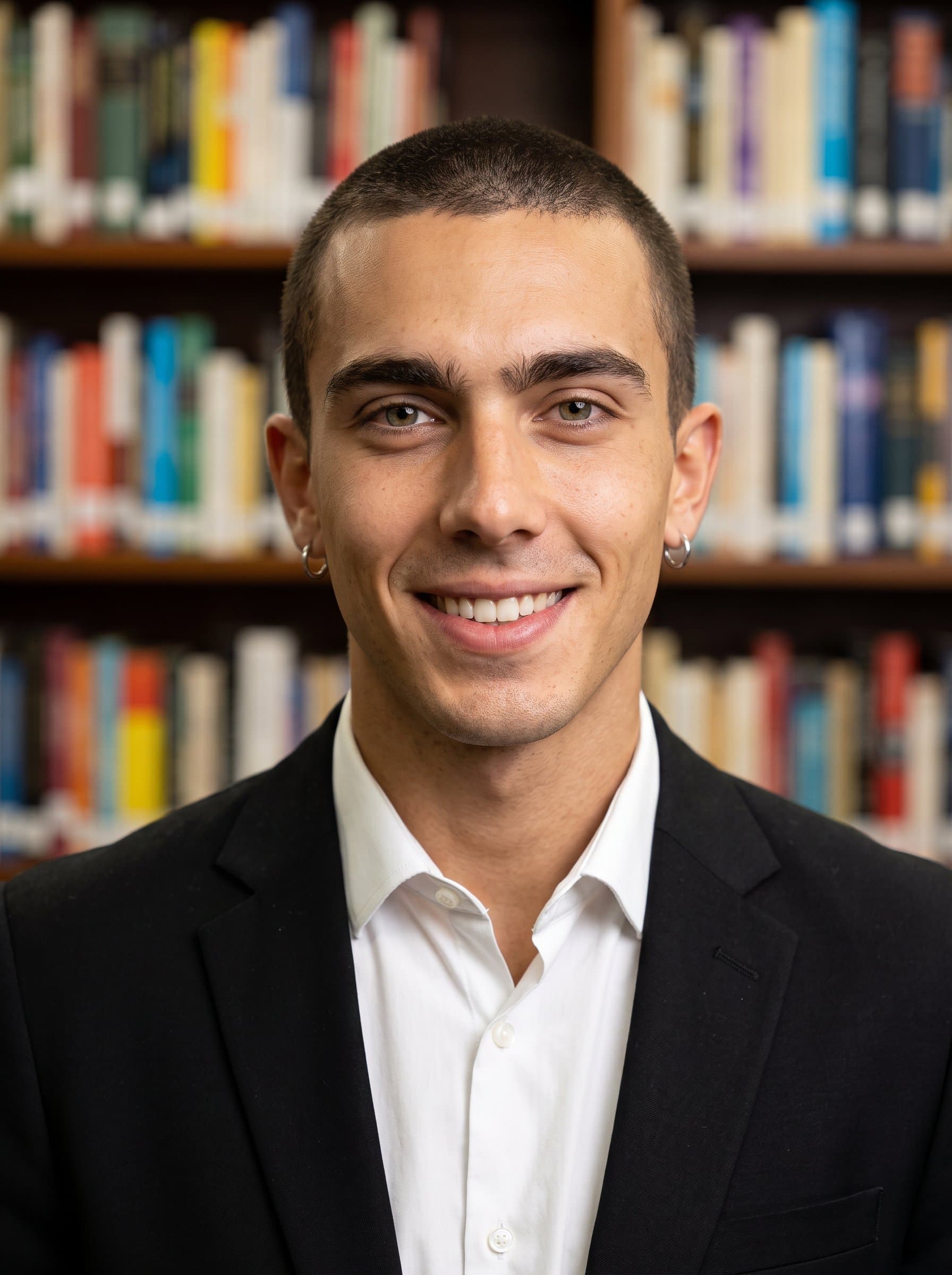 Craft a headshot of someone with a buzz cut, in a black blazer. The background is a blurred library bookshelf, projecting intellect and sophistication. The lighting highlights the man's optimistic and engaging expression.
