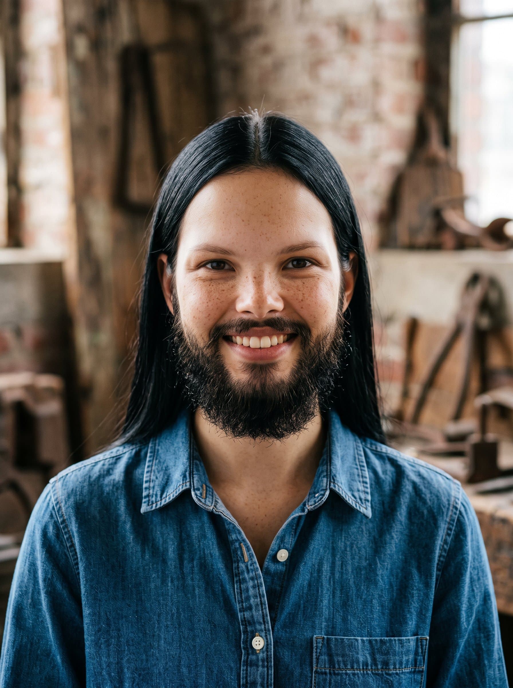 Develop a headshot of an woman with a full beard, dressed casually in a denim shirt. A rustic industrial background, softly blurred, accentuates the woman's approachable and relatable aura.