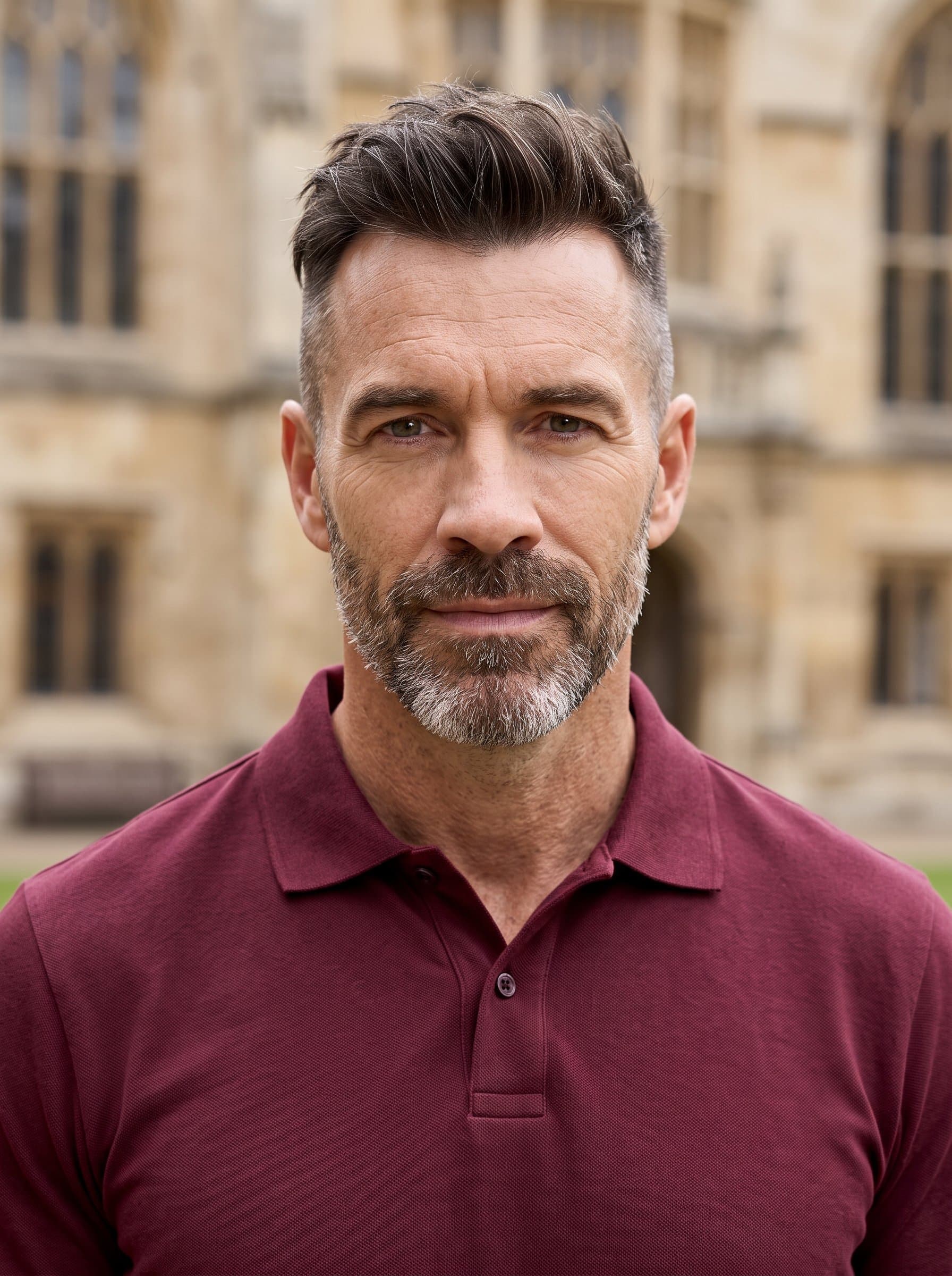 Produce a headshot of an man with a distinctive undercut hairstyle. They are dressed in a maroon shirt with a blurred historical building in the background, suggesting a cultured and knowledgeable persona.