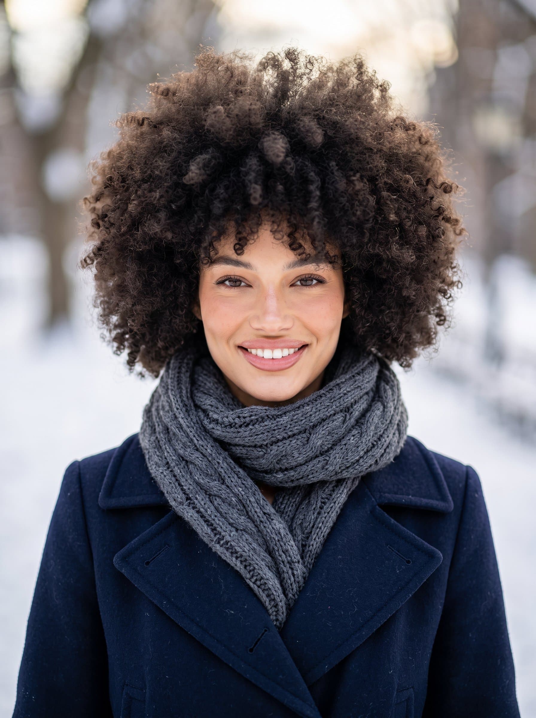Generate a headshot that shows a woman with natural curls and a cozy scarf, set against a snowy park backdrop. The blurred environment conveys warmth and resilience in a professional setting.