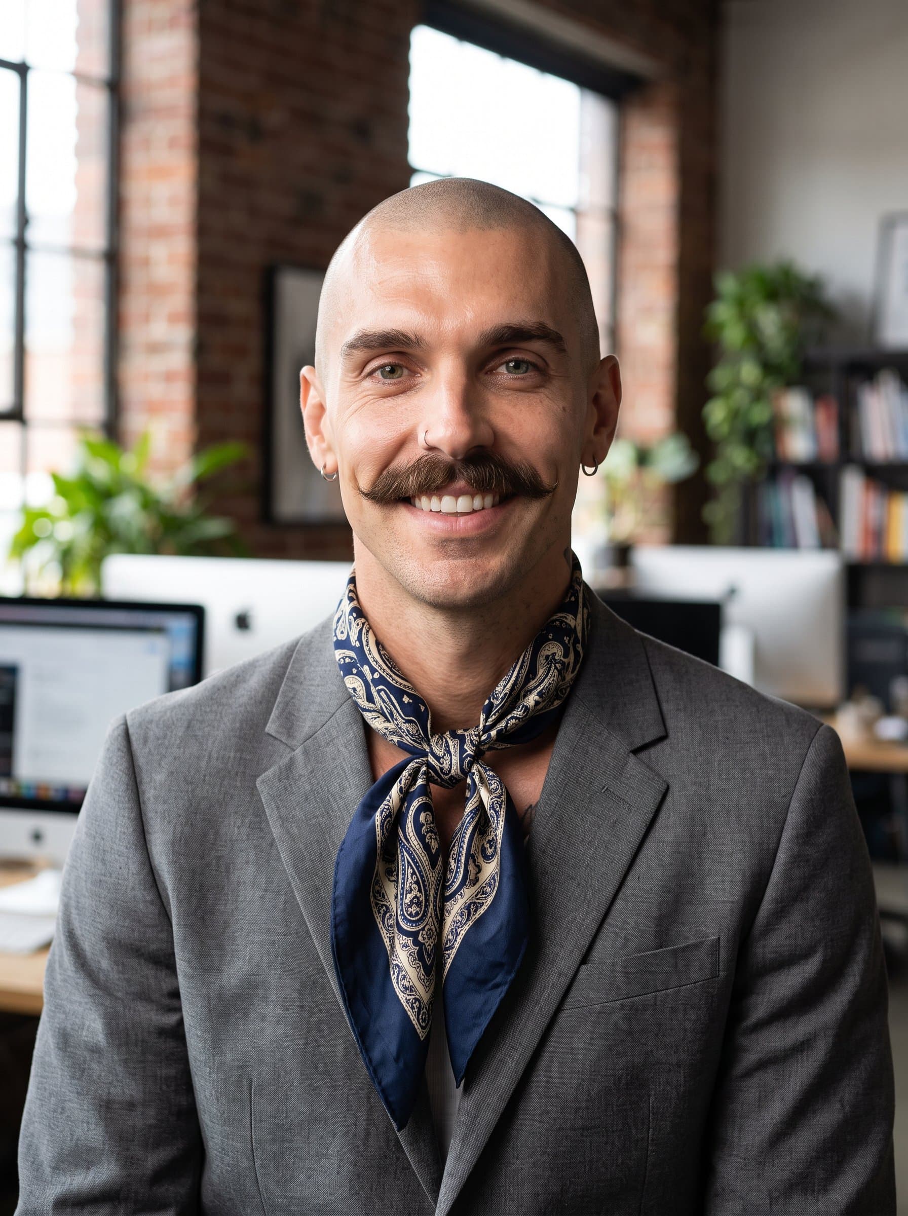Develop a headshot of a man with a shaved head, wearing a patterned scarf as an accessory. An industrial-chic office space is blurred in the background, reflecting a creative professional environment.