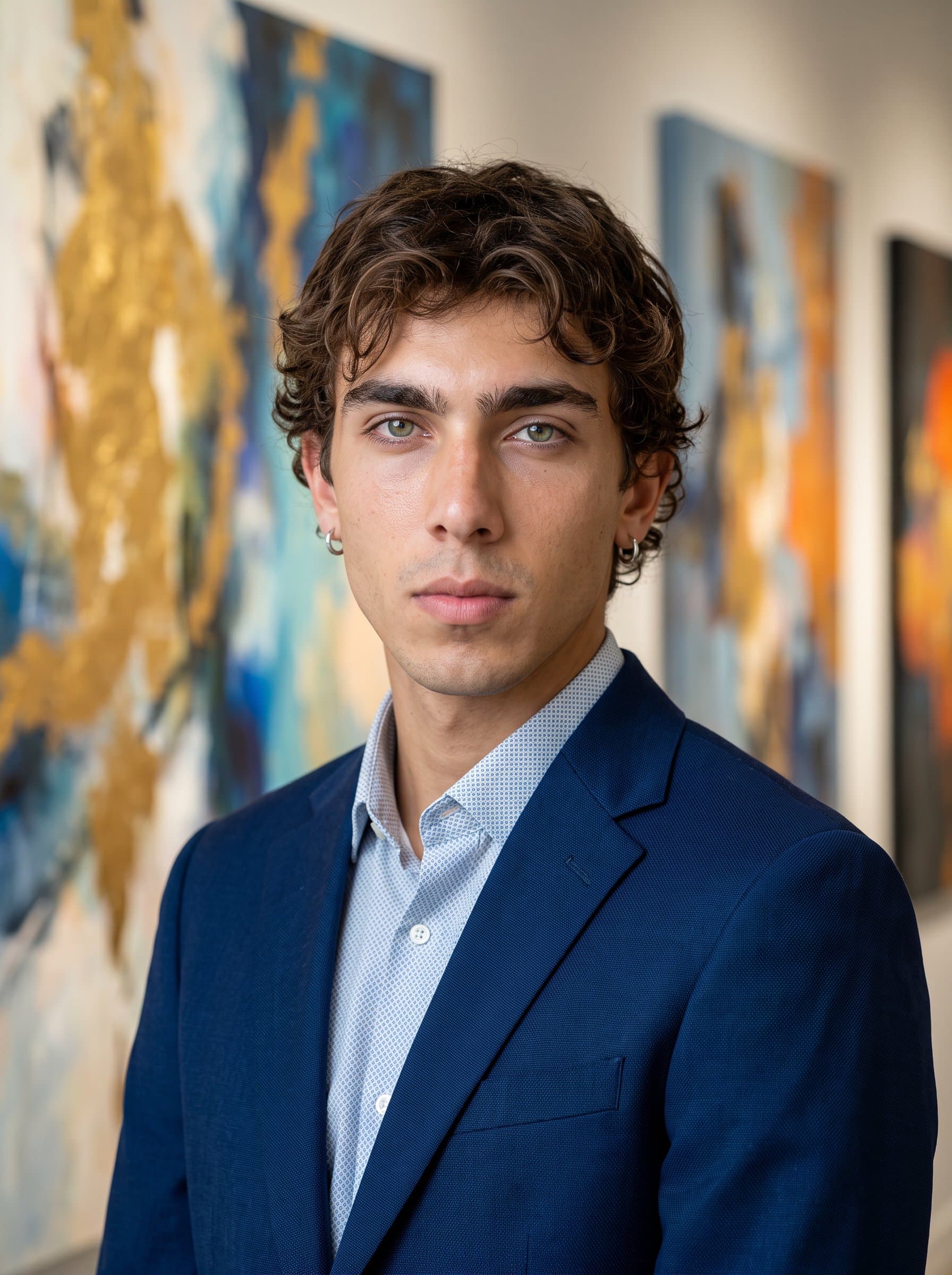Generate a headshot showcasing someone with wavy hair in a dark blue blazer. The blurred background features abstract art, giving the impression of creativity combined with professionalism.