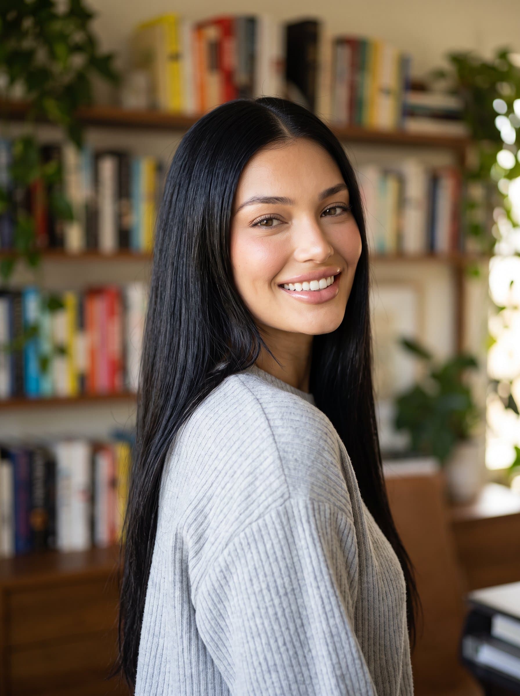 Compose a headshot where an woman with fine, straight hair wears a light gray pullover. A home office with bookshelves in soft focus sets a comfortable and intellectual backdrop for the profile.