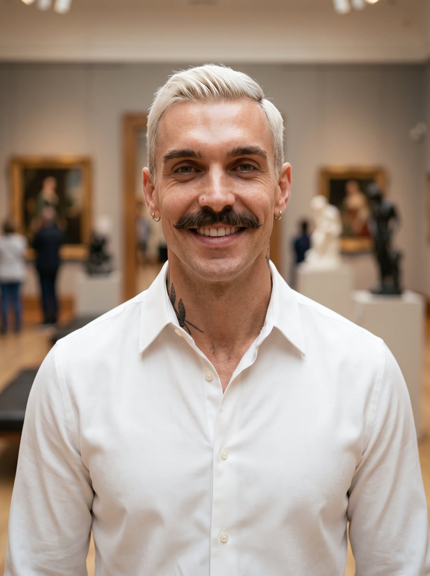 Craft a headshot of someone with a side part, wearing a crisp white blouse. The subtle blurred background of an art gallery adds an element of creativity and sophistication to the professional image.