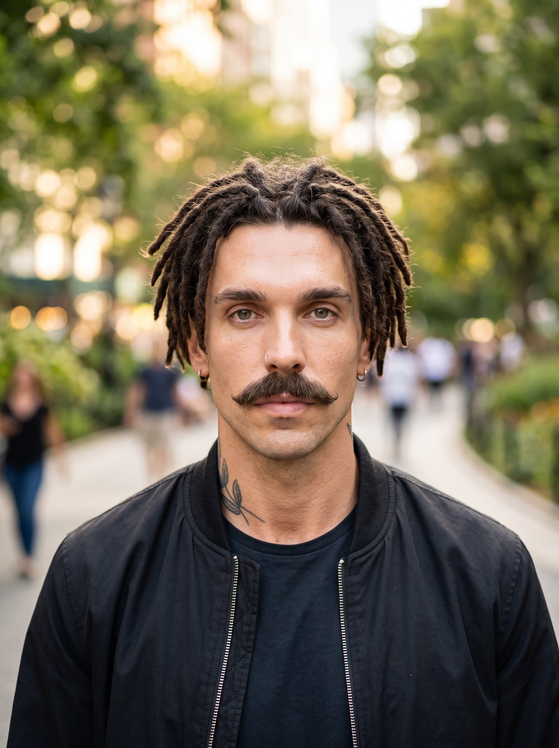 Capture a headshot of a man with dreadlocks, wearing a casual black jacket. The blurred city park scene in the background adds vitality and an urban vibe to the professional photograph.