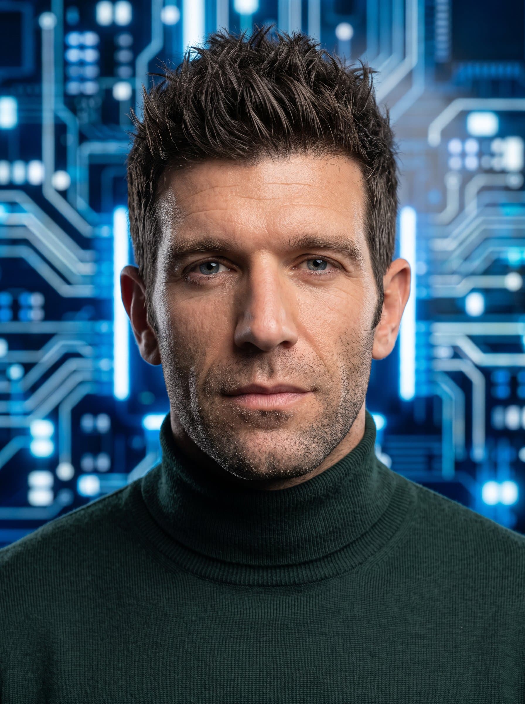 Create a headshot featuring an man with short, spiked hair. They wear a dark green turtleneck against a blurred tech-inspired backdrop, highlighting their innovative and forward-thinking nature.