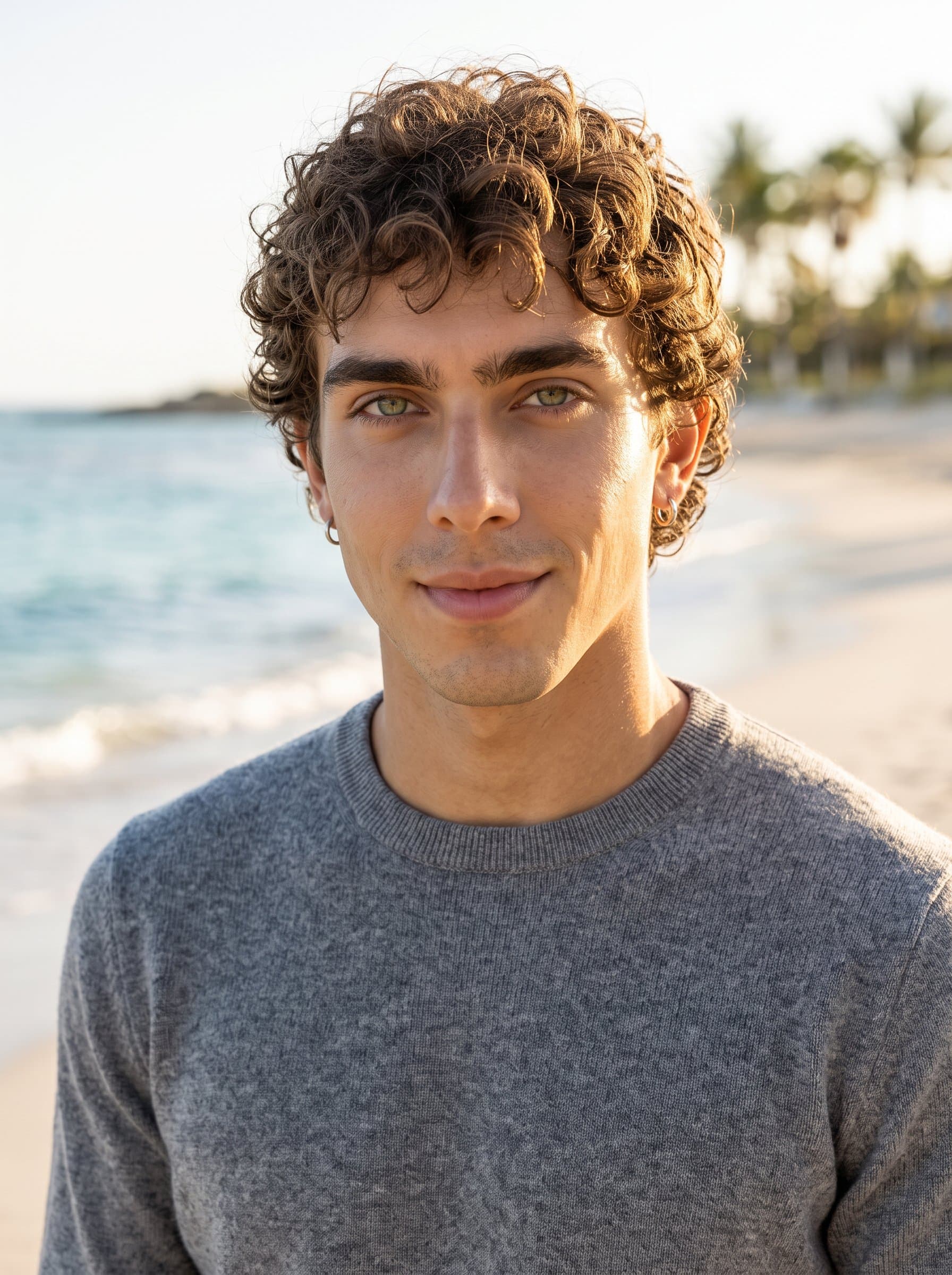 Design a headshot of an man with medium-length hair, wearing a gray sweater. The background is a sun-kissed beach, subtly blurred, offering a serene yet professional atmosphere.