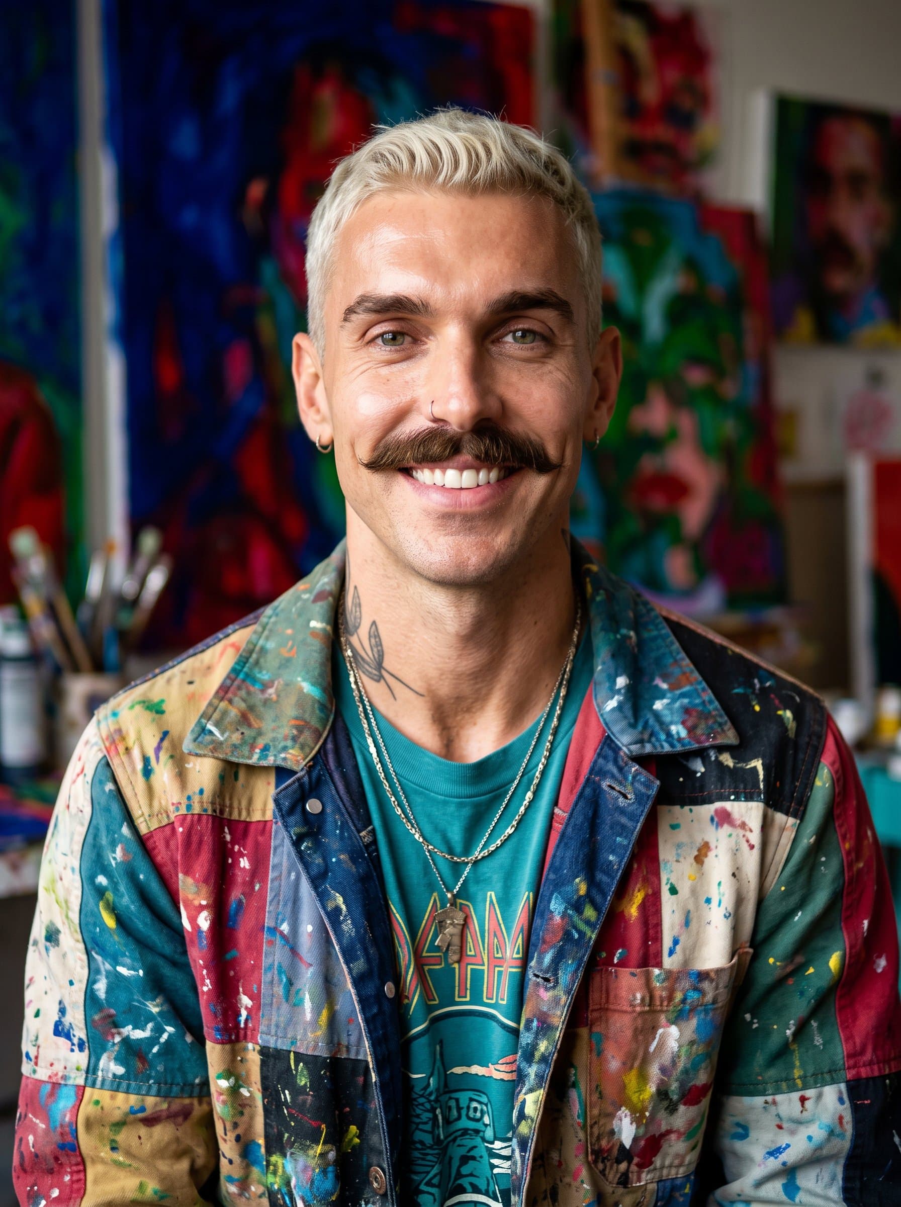 : Creative headshot for an artist, featuring a vibrant background with artistic flair. The man wears stylish, colorful attire, exuding creativity and originality, perfect for showcasing on a Glassdoor profile.