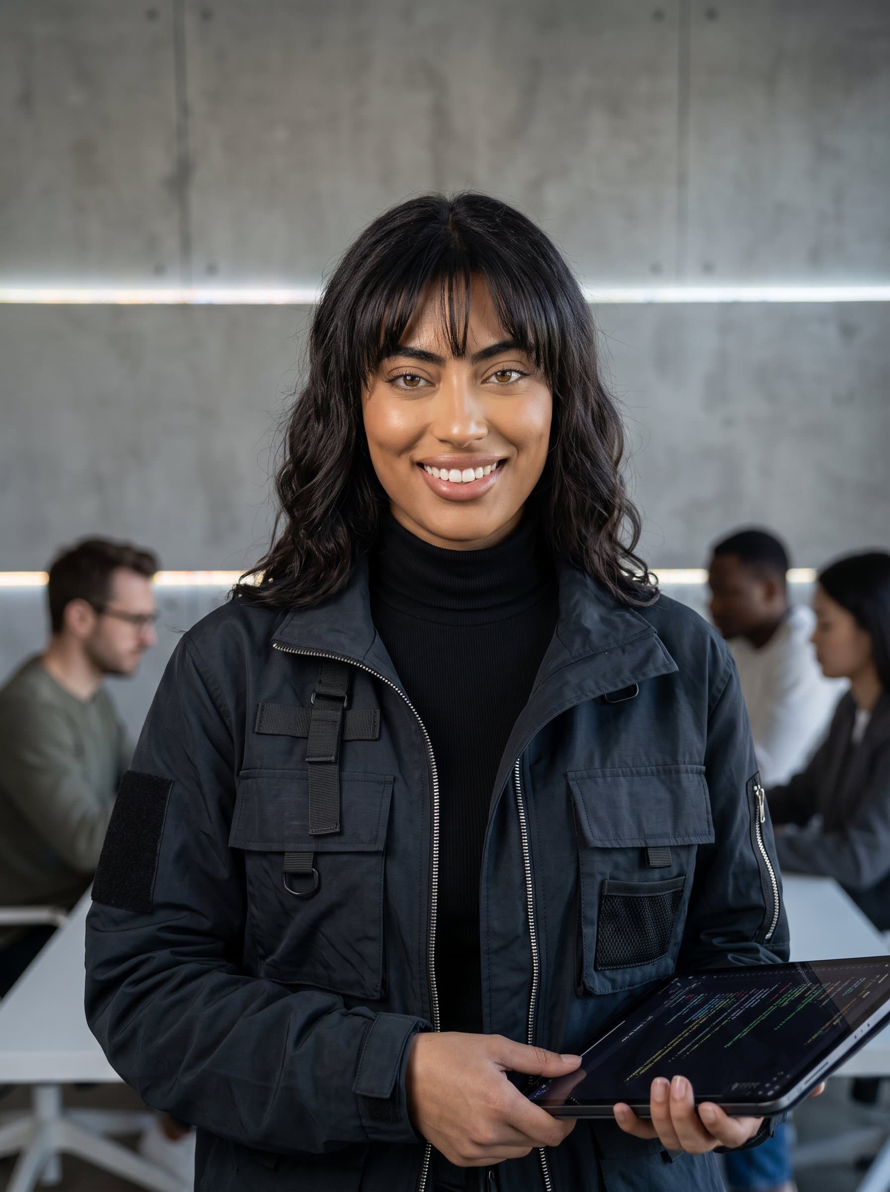 : Modern headshot for the tech industry, portraying an innovative thinker in casual techwear against a minimalist backdrop. The lighting conveys a forward-thinking attitude, tailored for a Glassdoor profile.