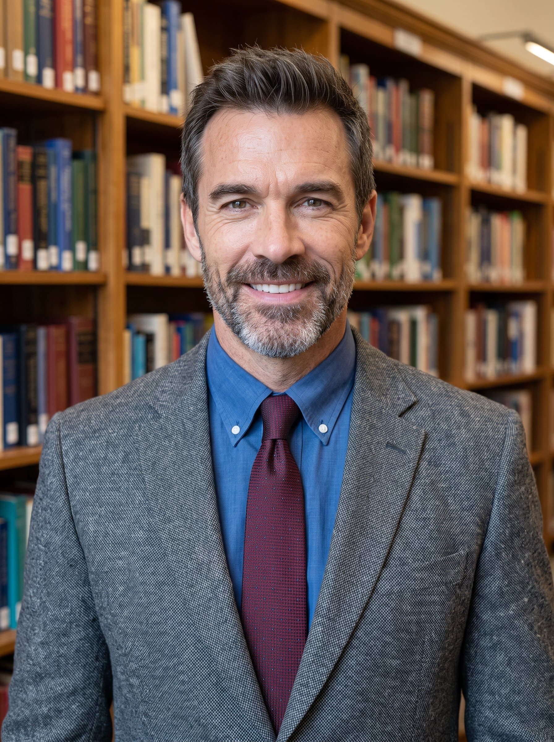 : Academic headshot for an educator, with the man in a smart, professional outfit. The backdrop includes bookshelves, representing knowledge and expertise, ideal for an educational Glassdoor profile.