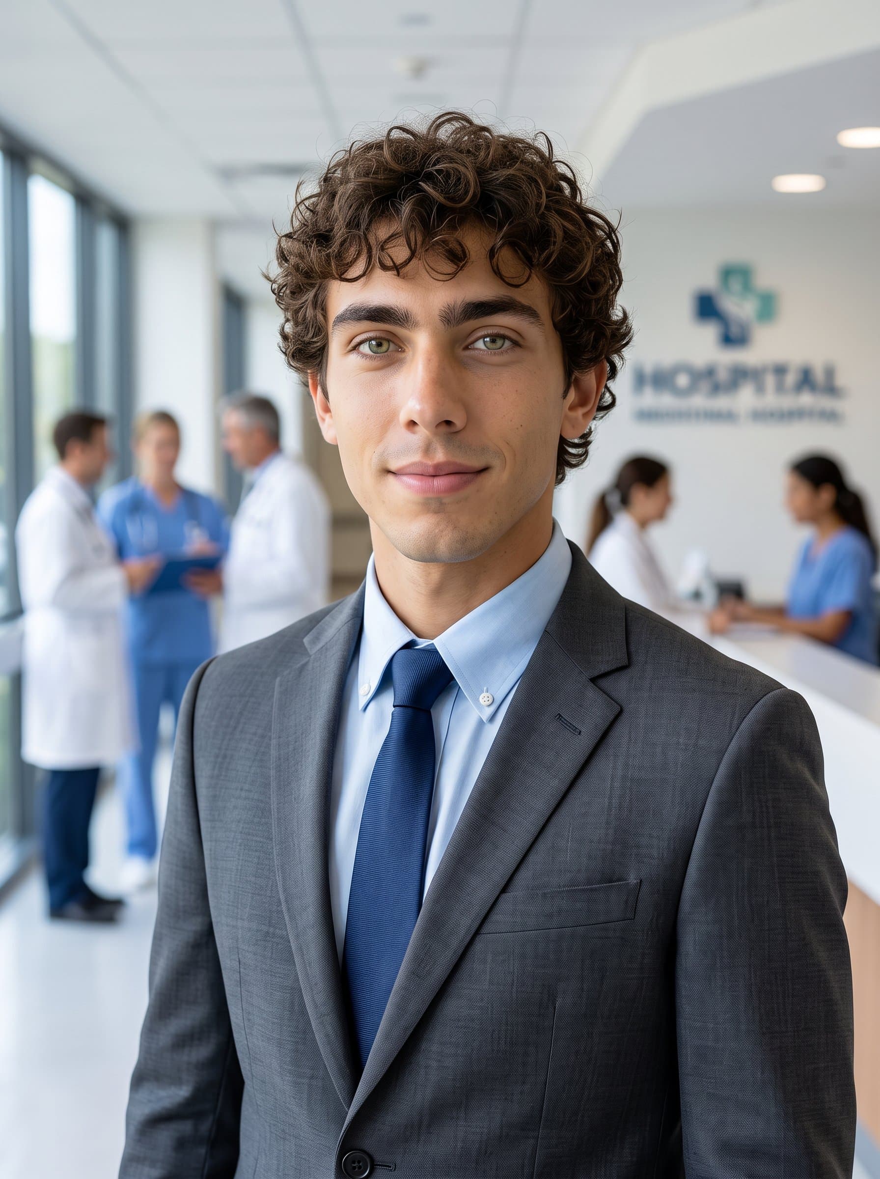 : Healthcare administrator headshot, portraying an organized man in professional attire, set against a hospital or office backdrop, exuding leadership and care for a Glassdoor profile.