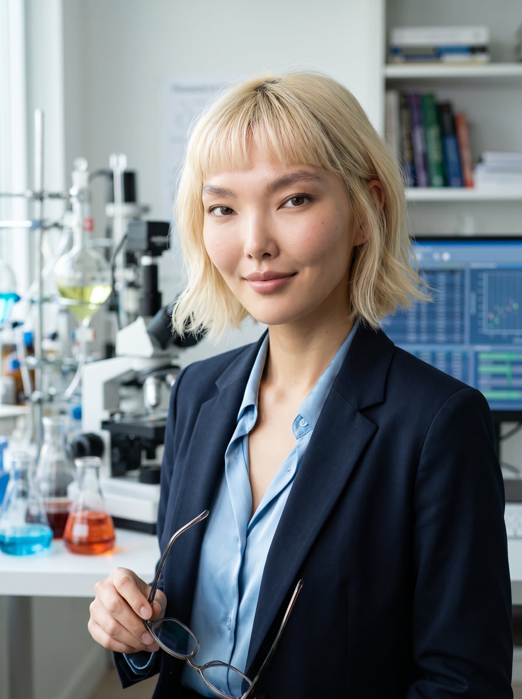 : Academic researcher headshot, featuring an inquisitive woman in a smart outfit, with a backdrop of scientific equipment, showcasing dedication and intelligence for a Glassdoor profile.